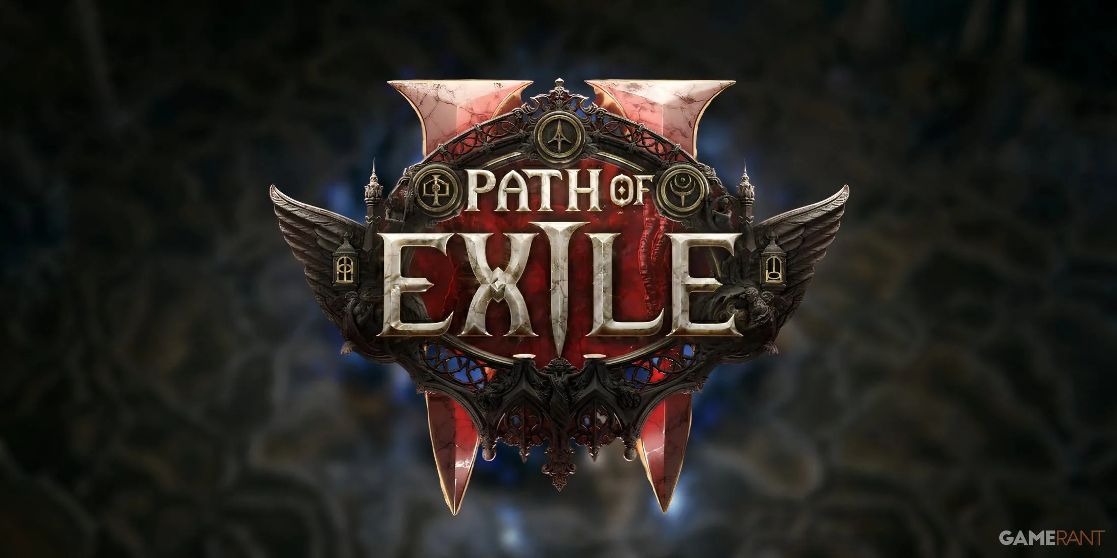 Logo Path of Exile 2 trên nền xanh xám mờ tượng trưng cho phiên bản mới