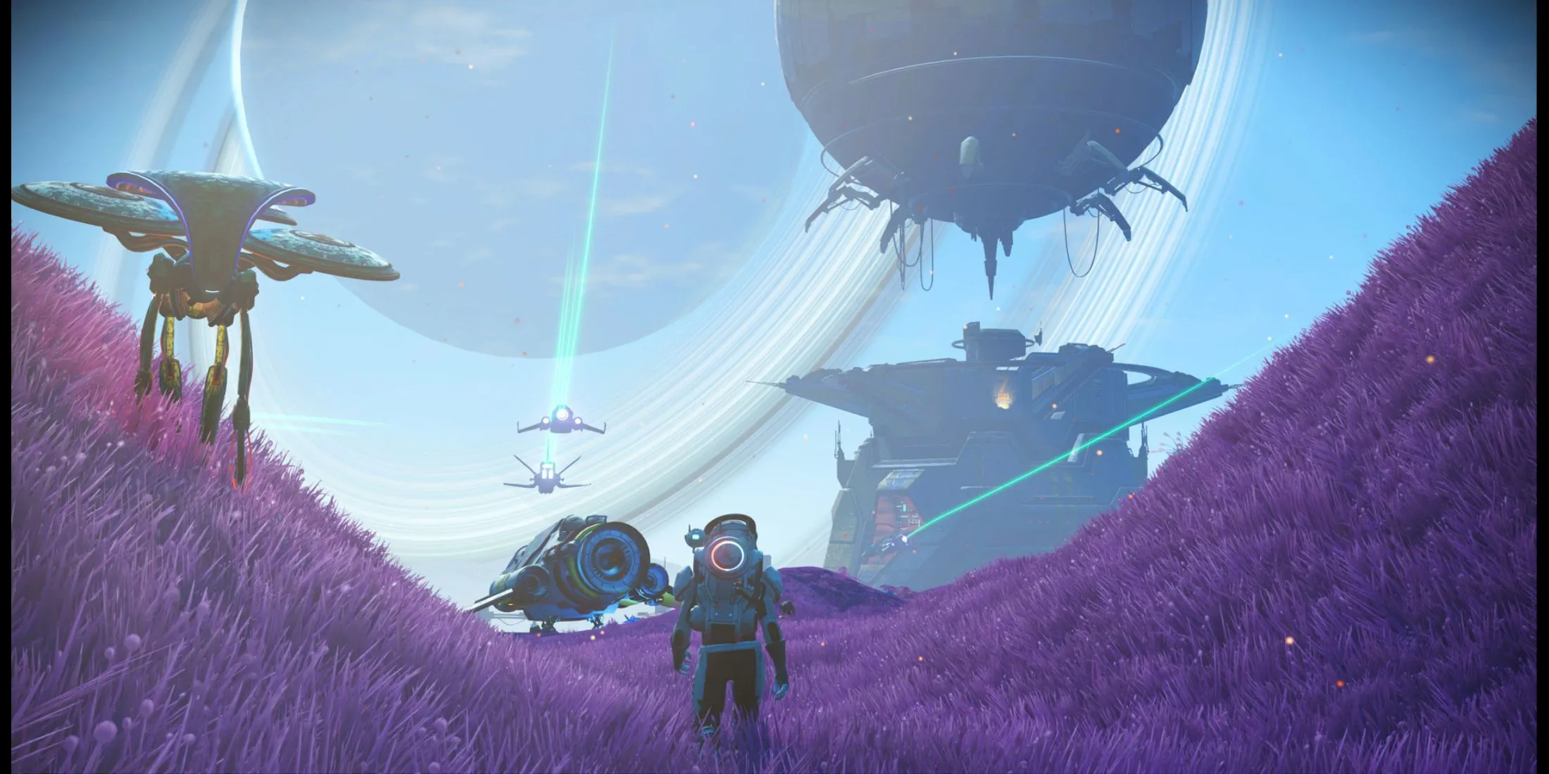 Một căn cứ kiên cố nổi bật trên nền cảnh quan hành tinh rộng lớn trong No Man's Sky