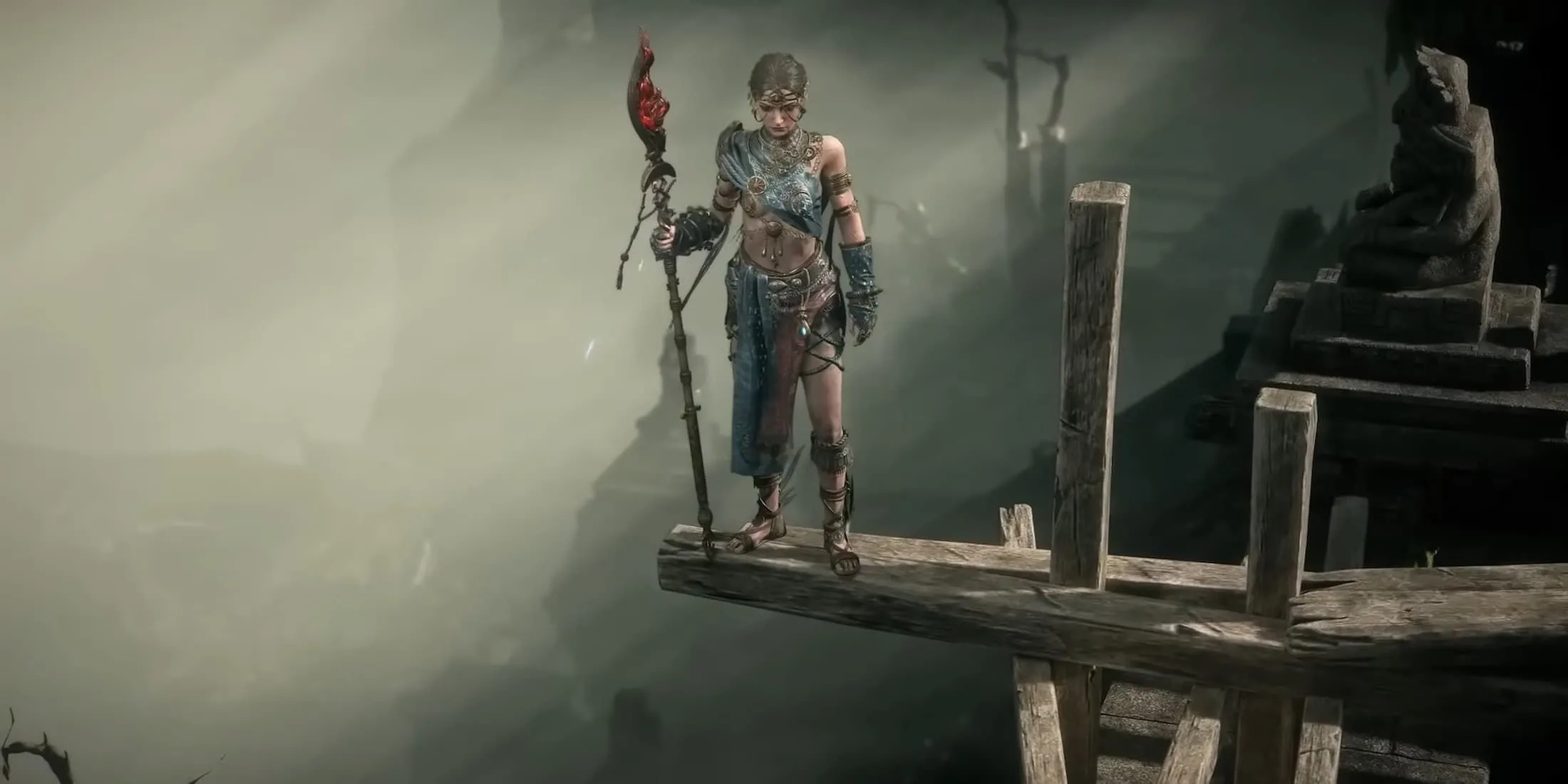 Nữ pháp sư Sorceress trong Path of Exile 2 với trang bị cấp cao của Act 3