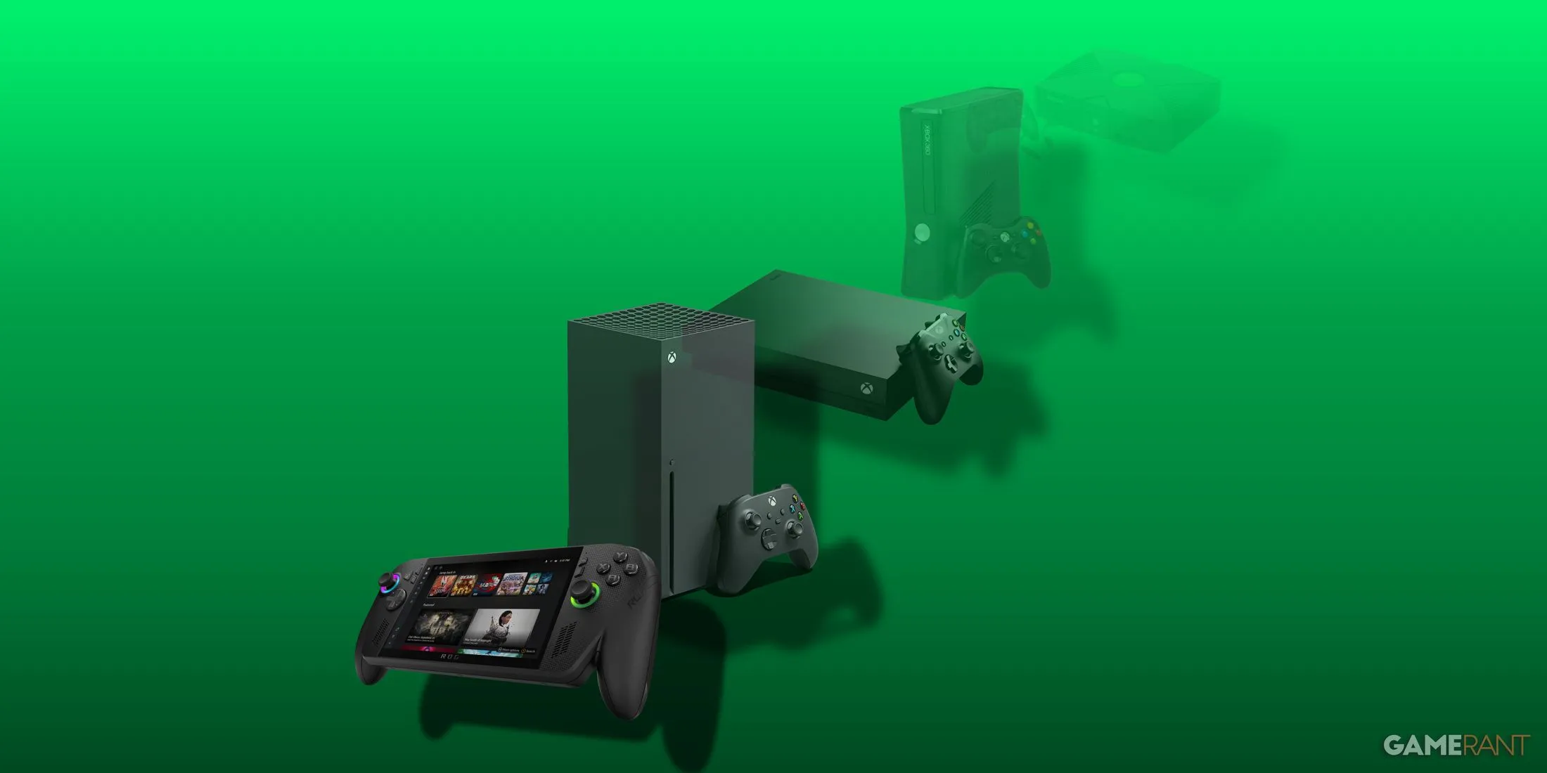 Thiết bị chơi game cầm tay ROG Xbox Ally với logo Windows 11 và màn hình hiển thị game Xbox Cloud Gaming