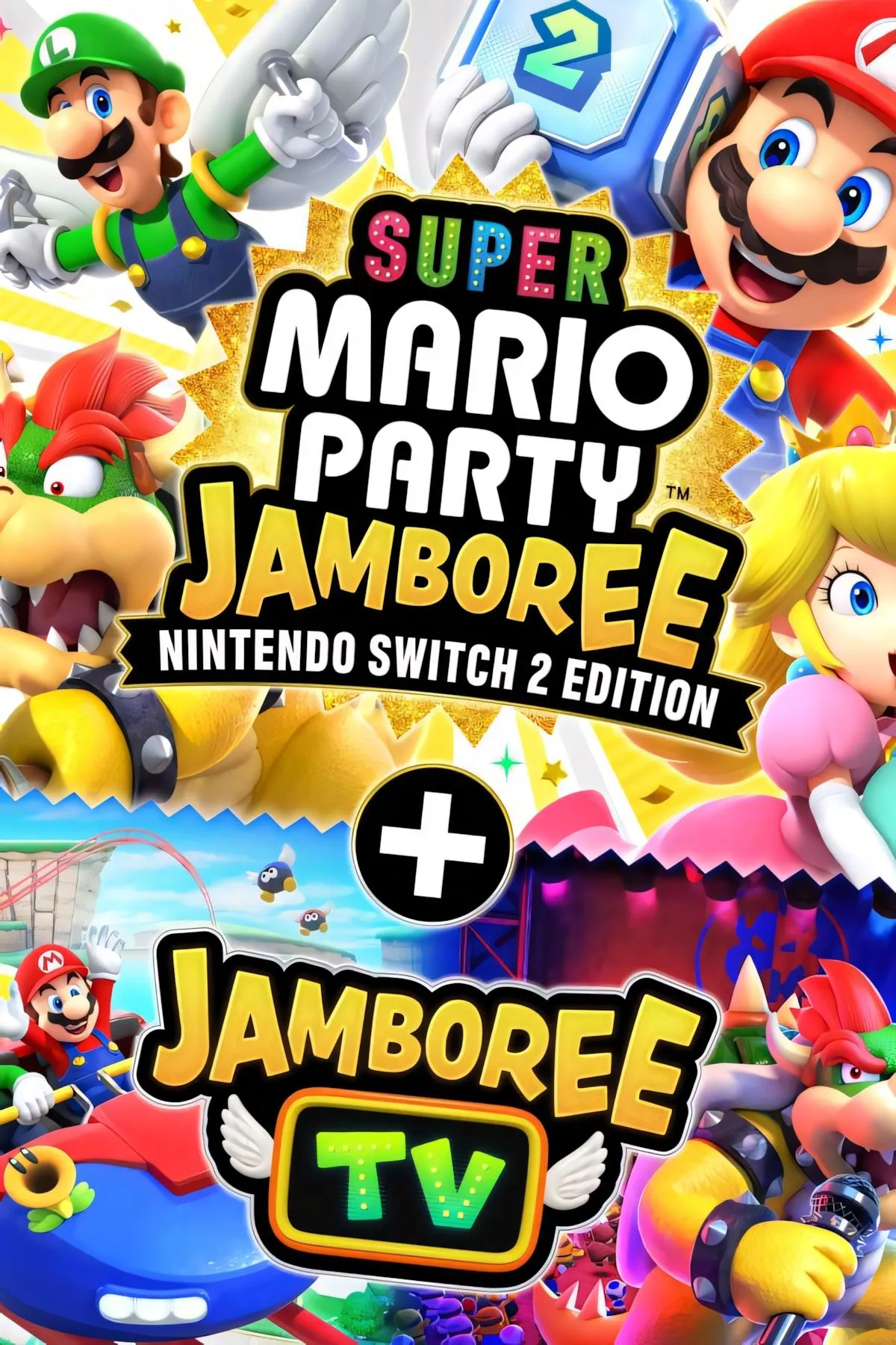 Ảnh bìa chính thức của Super Mario Party Jamboree Nintendo Switch 2 Edition với logo Jamboree TV nổi bật.