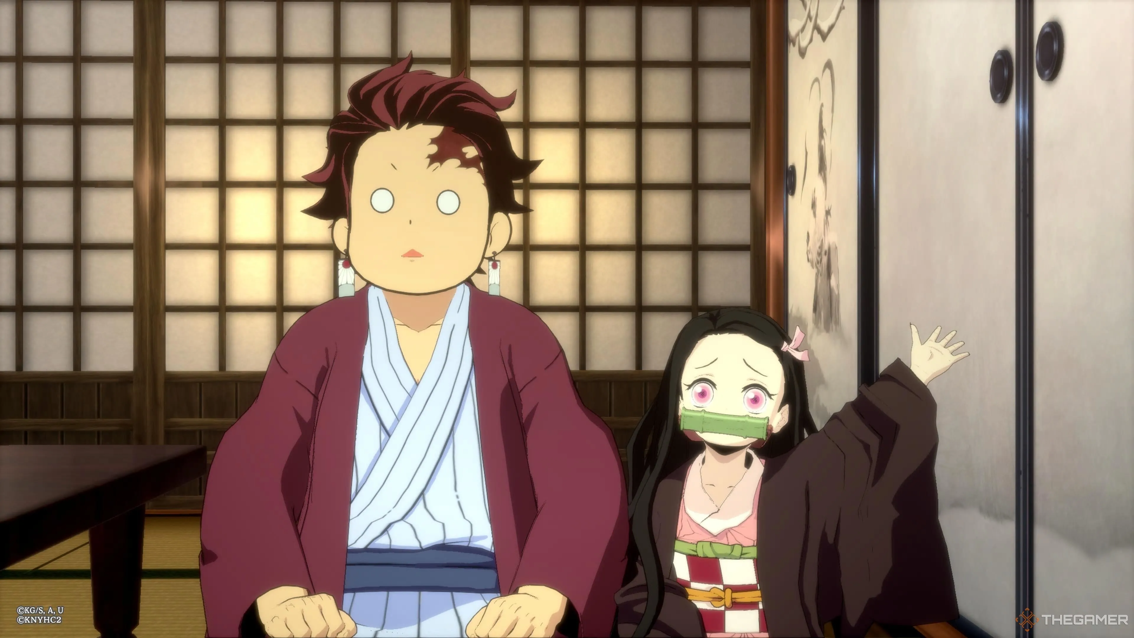 Anh em Tanjiro và Nezuko khám phá các khu vực trong chế độ cốt truyện của Demon Slayer: The Hinokami Chronicles 2, thể hiện thế giới game rộng lớn.