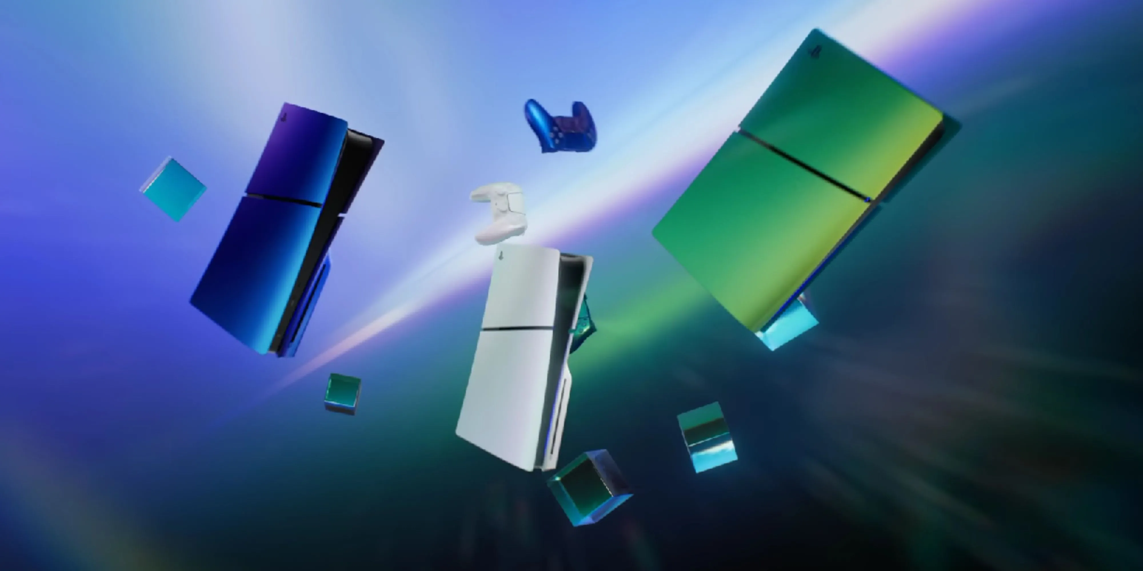 Bản dựng concept PlayStation 6 màu xanh bạc nổi bật cùng các khối lập phương công nghệ cao