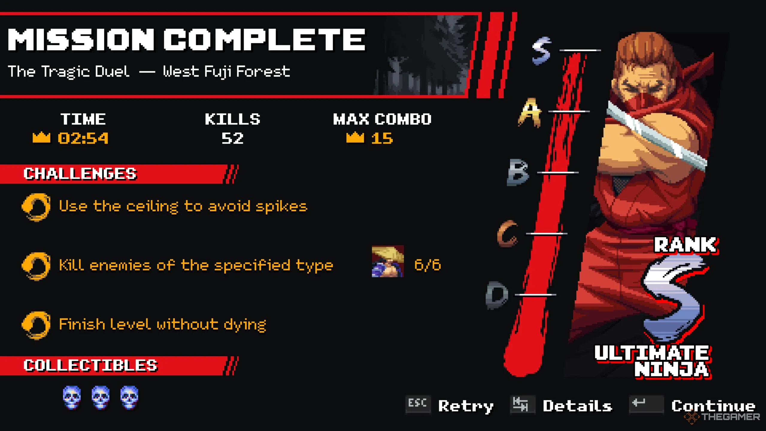 Bảng thành tích cuối màn hình hiển thị S-Rank Ultimate Ninja trong Ninja Gaiden Ragebound