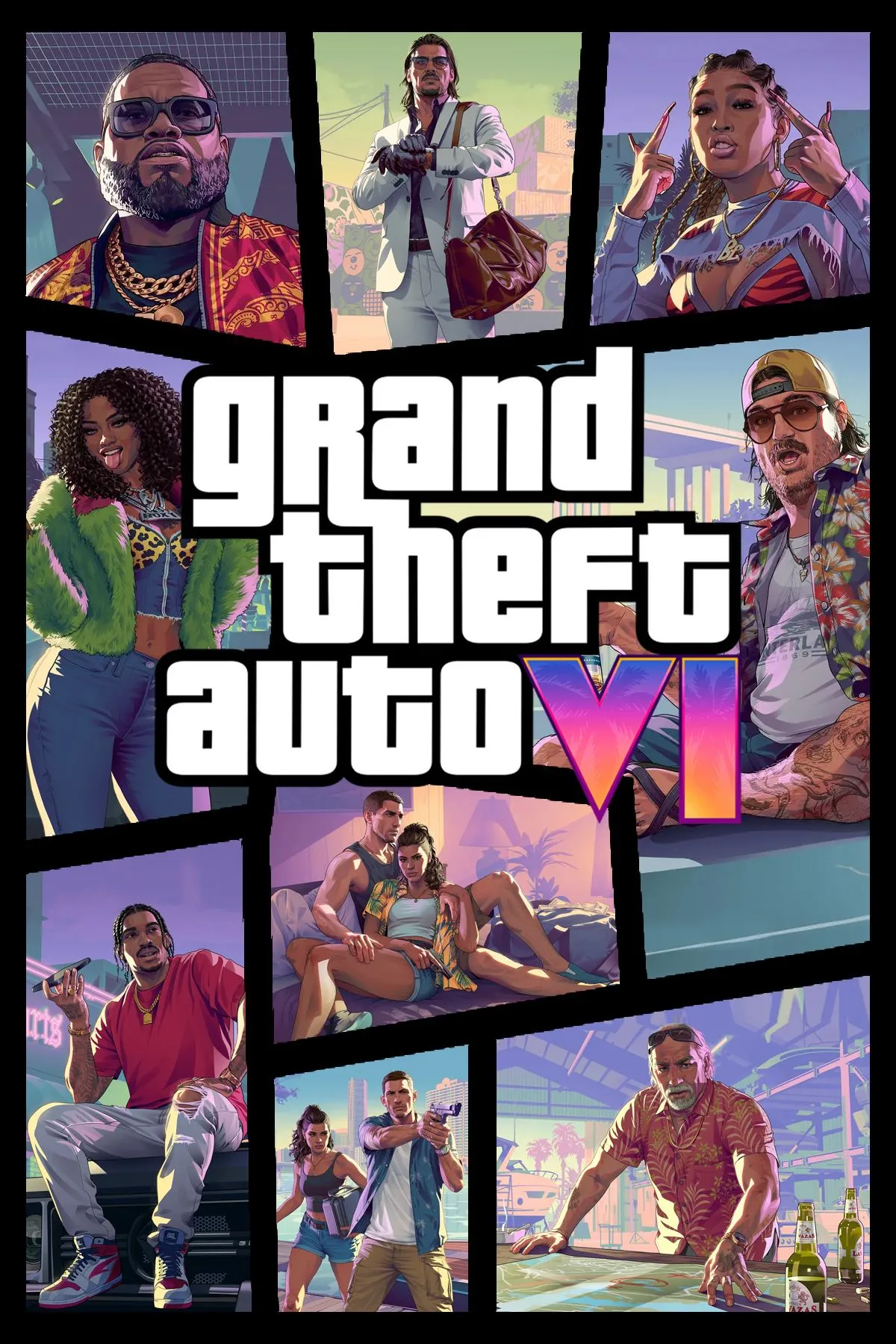 Bìa đĩa chính thức của game Grand Theft Auto 6 với biểu tượng Vice City và hai nhân vật chính