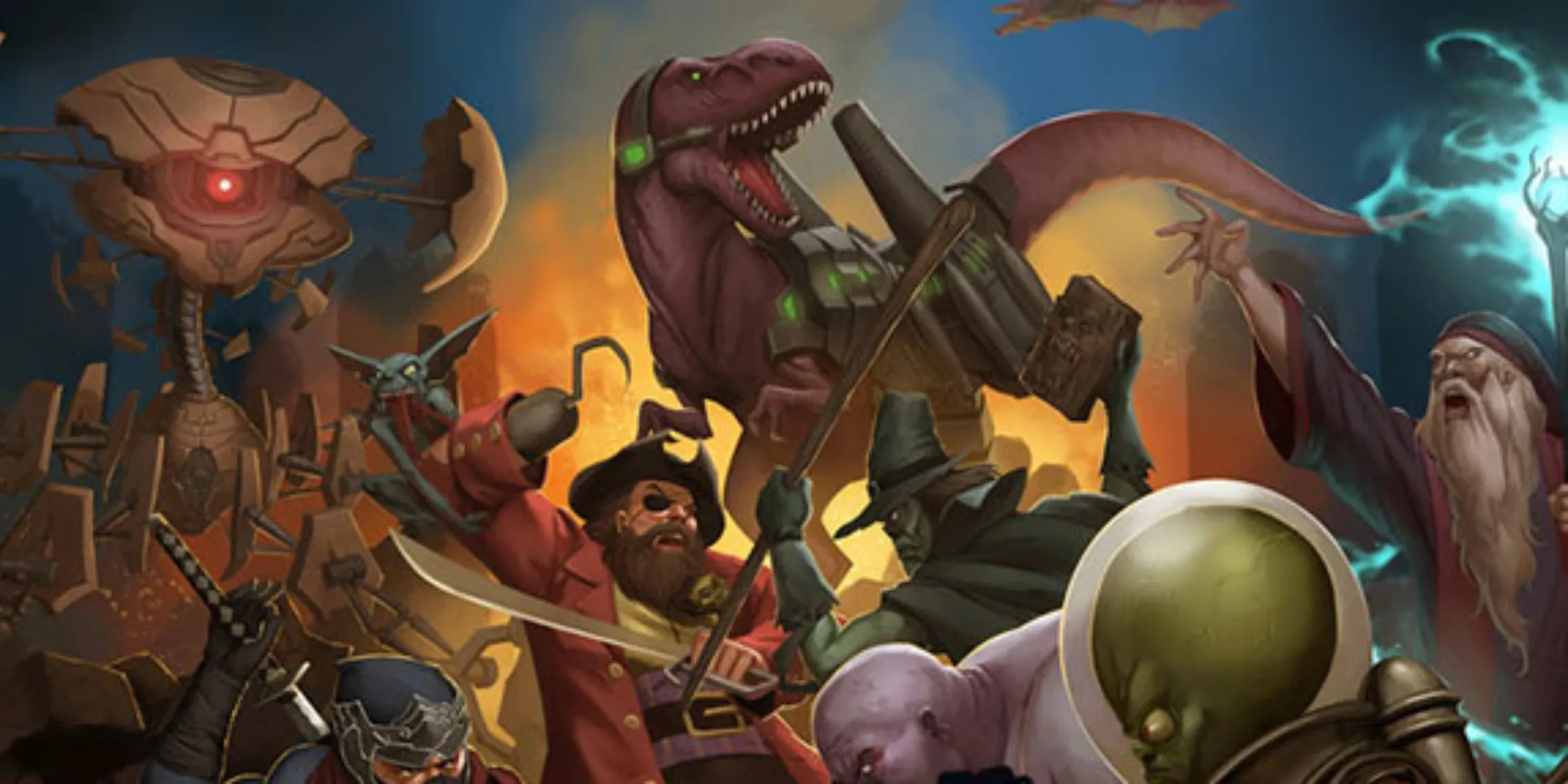 Bìa game Smash Up với các phe phái độc đáo như cướp biển, khủng long, người ngoài hành tinh đối đầu, minh họa lối chơi hỗn loạn.