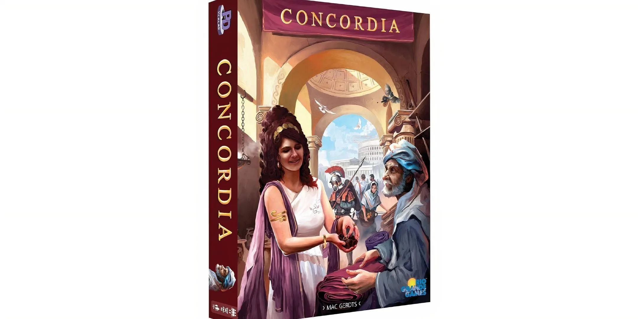 Bìa hộp board game Concordia minh họa cảnh La Mã cổ đại với thương thuyền và kiến trúc đặc trưng.