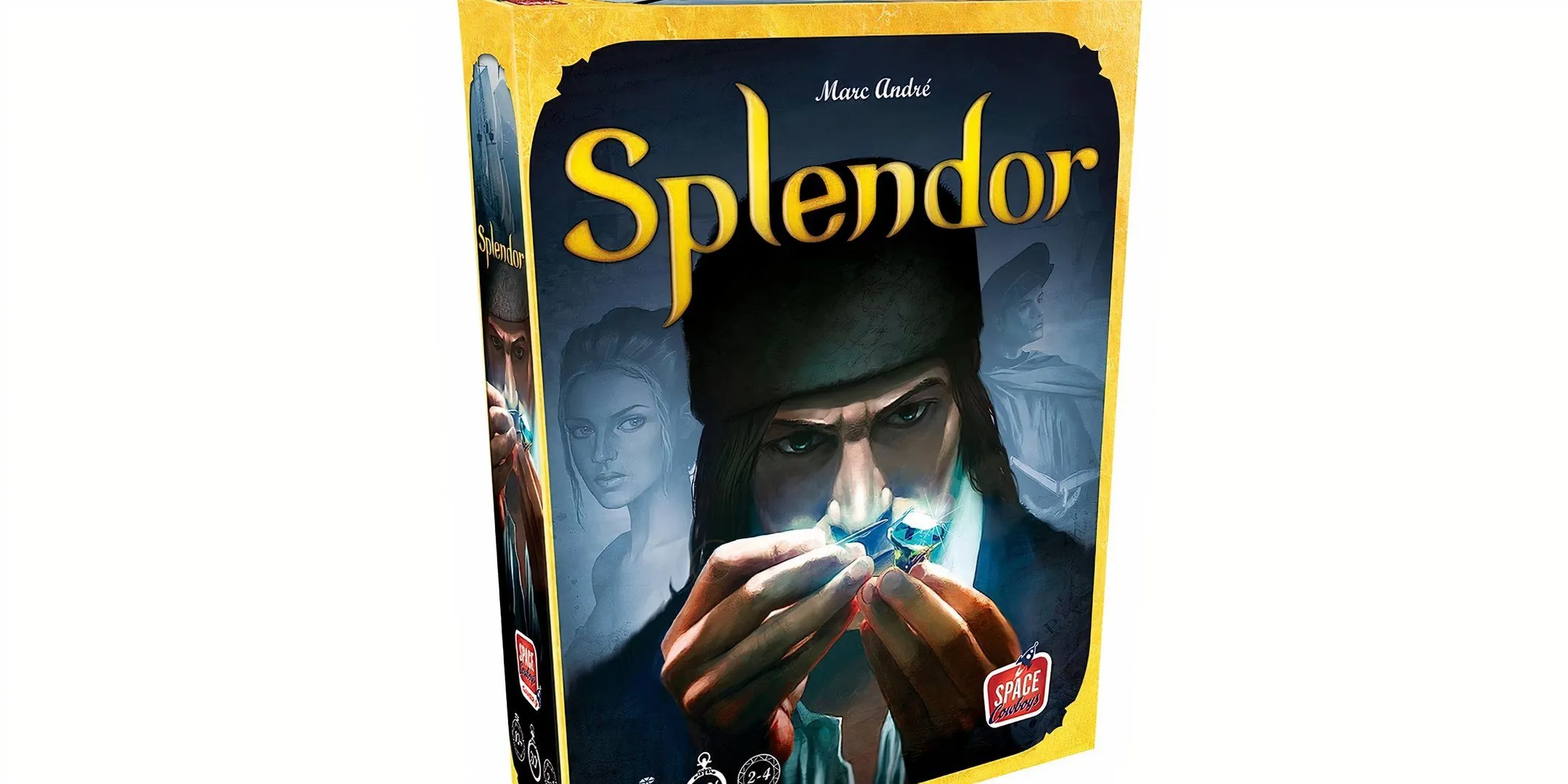 Bìa hộp board game Splendor với hình ảnh người thợ kim hoàn và các viên đá quý lấp lánh.