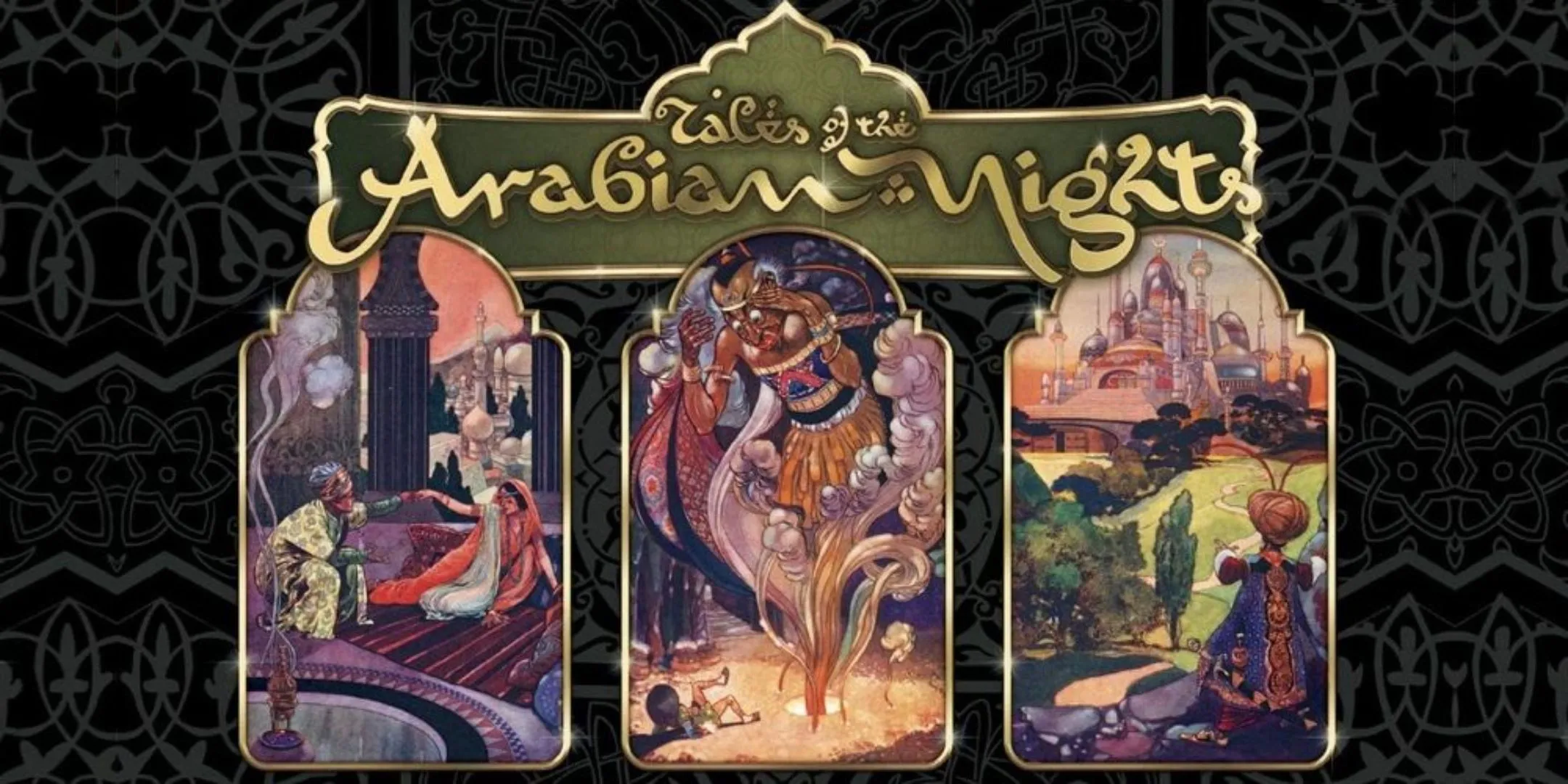 Bìa hộp Tales of the Arabian Nights với các cảnh truyện cổ tích Ả Rập, nhấn mạnh yếu tố kể chuyện và phiêu lưu.