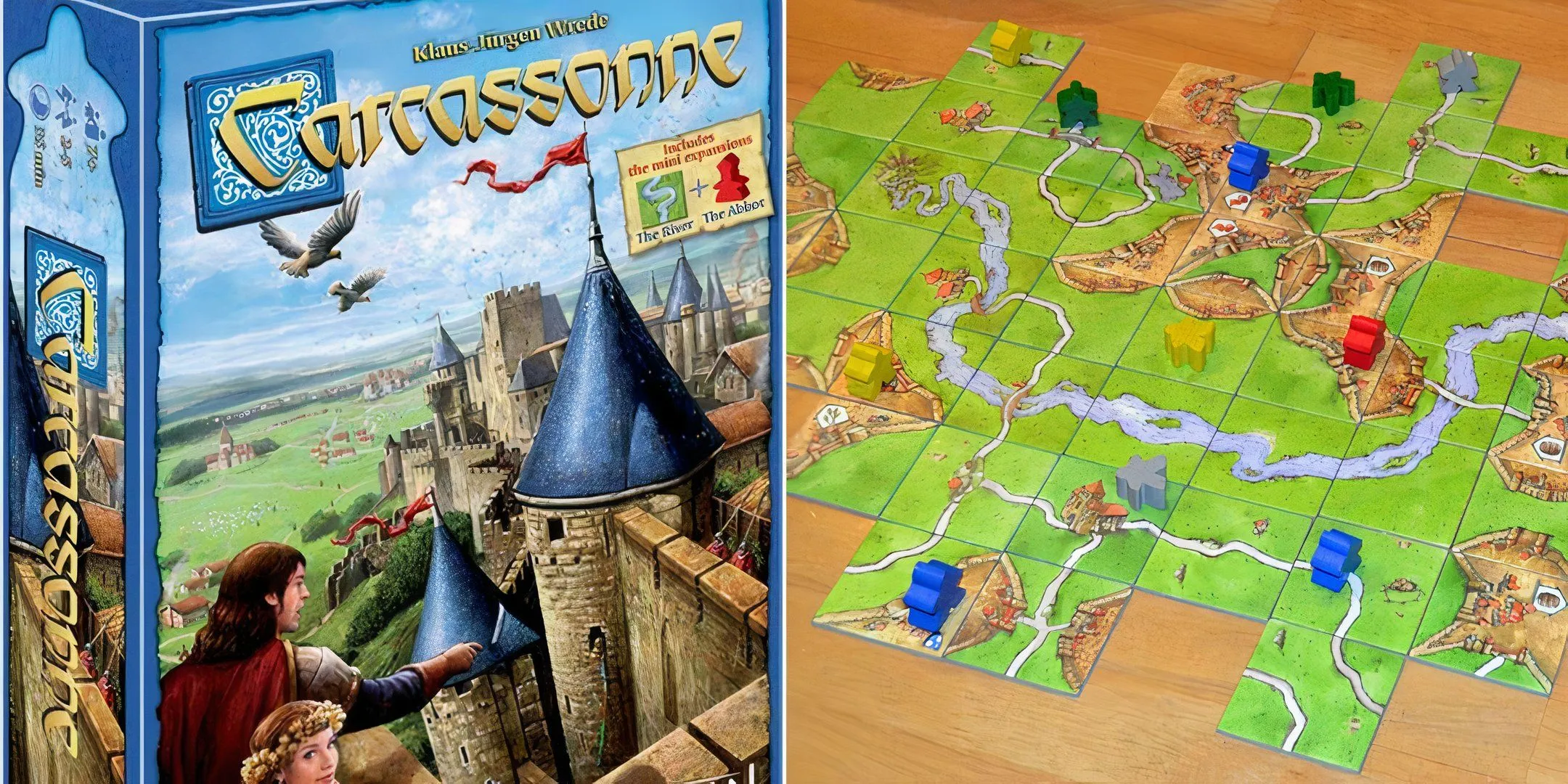 Bìa hộp và các mảnh ghép bàn cờ của board game Carcassonne, thể hiện thành phố và vùng đất trung cổ.