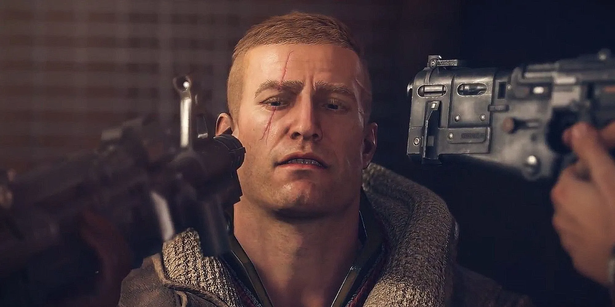 BJ Blazkowicz trong Wolfenstein: The New Order khi đang bị hai nòng súng chĩa vào đầu.