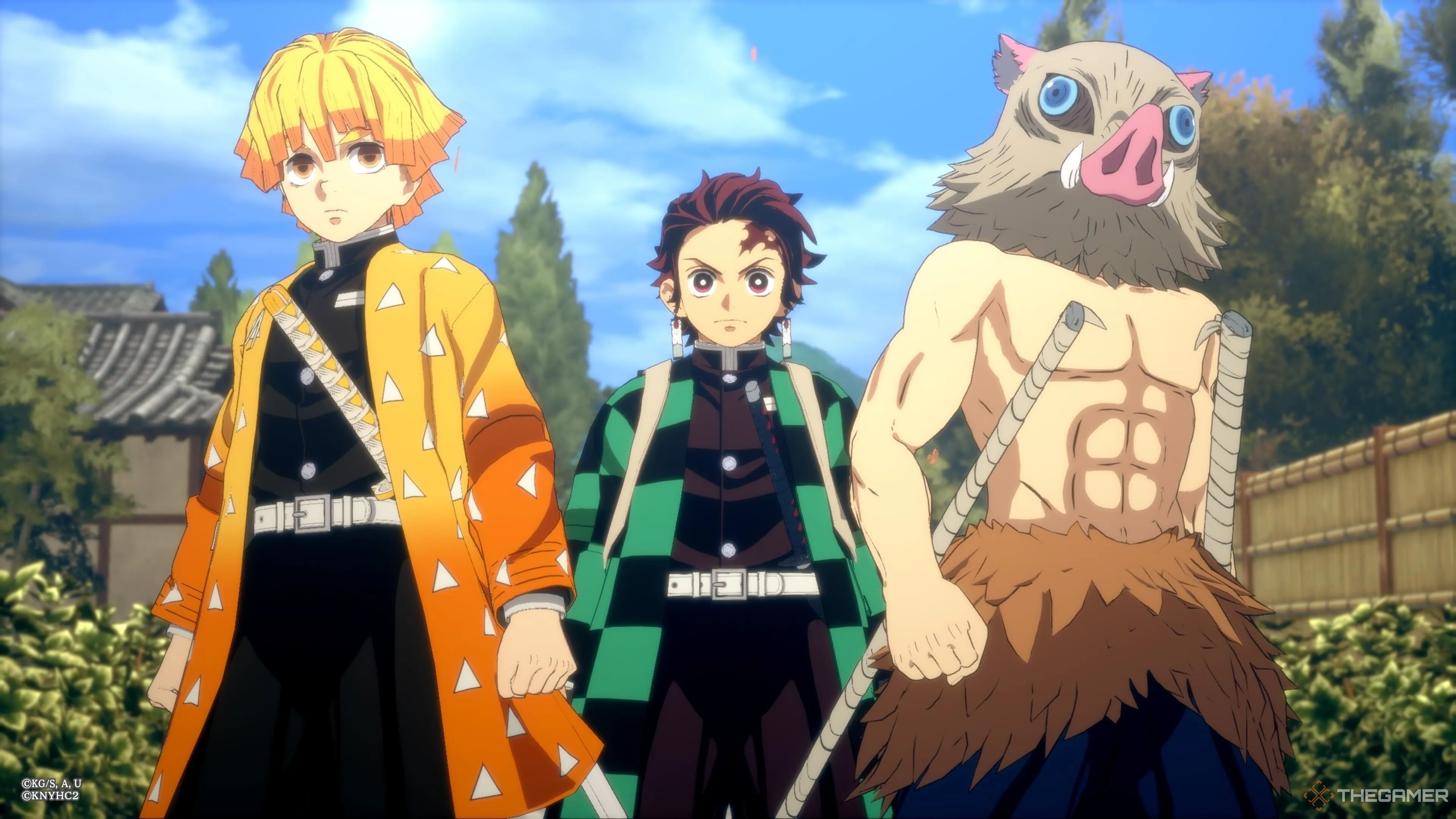 Bộ ba Tanjiro, Zenitsu và Inosuke trong tựa game Demon Slayer: The Hinokami Chronicles 2 với hình ảnh đồ họa anime sắc nét.