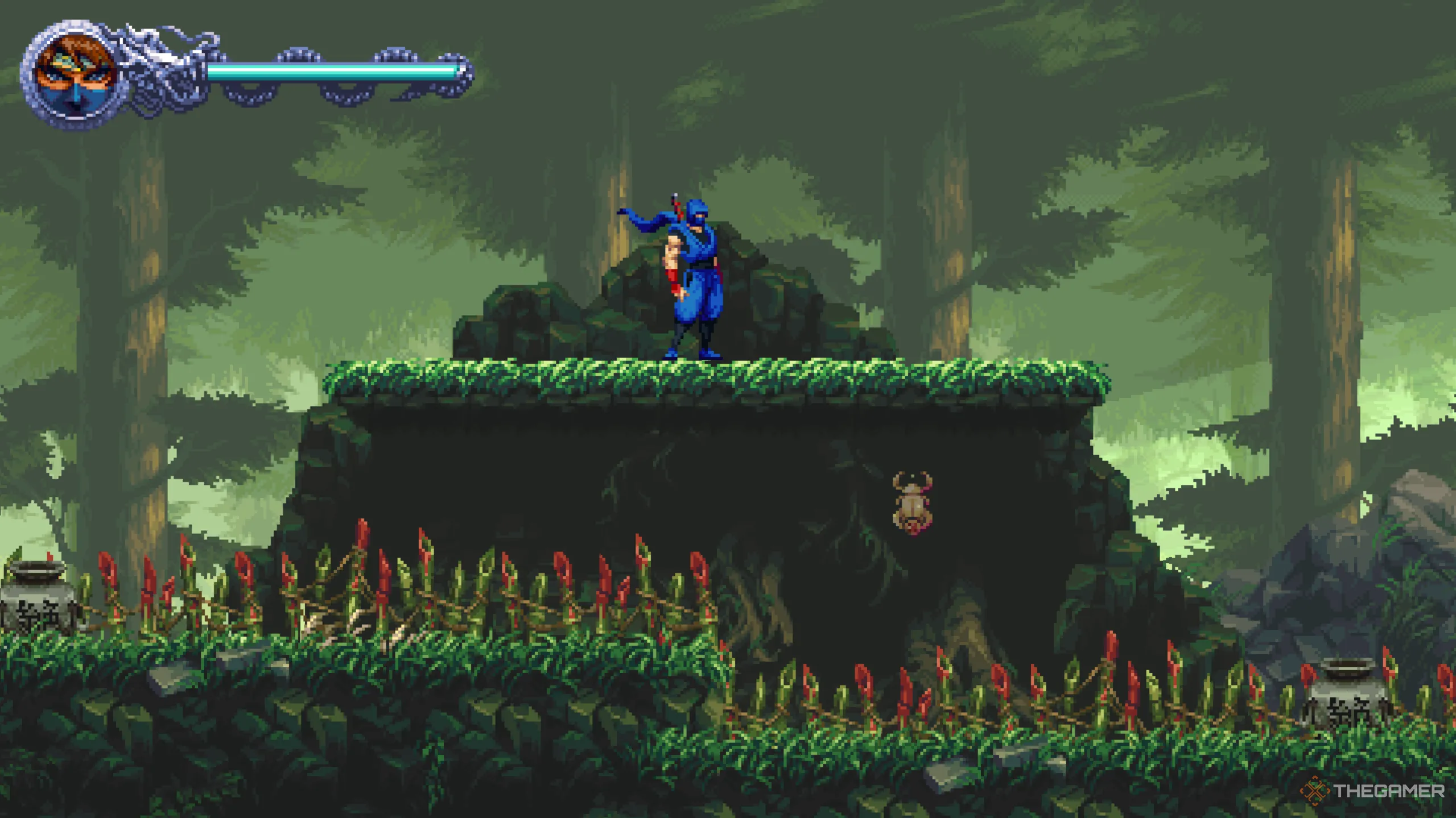 Bọ Hung Vàng đầu tiên dưới ván gỗ có gai sau khi leo cây ở màn 1-3 Ninja Gaiden Ragebound