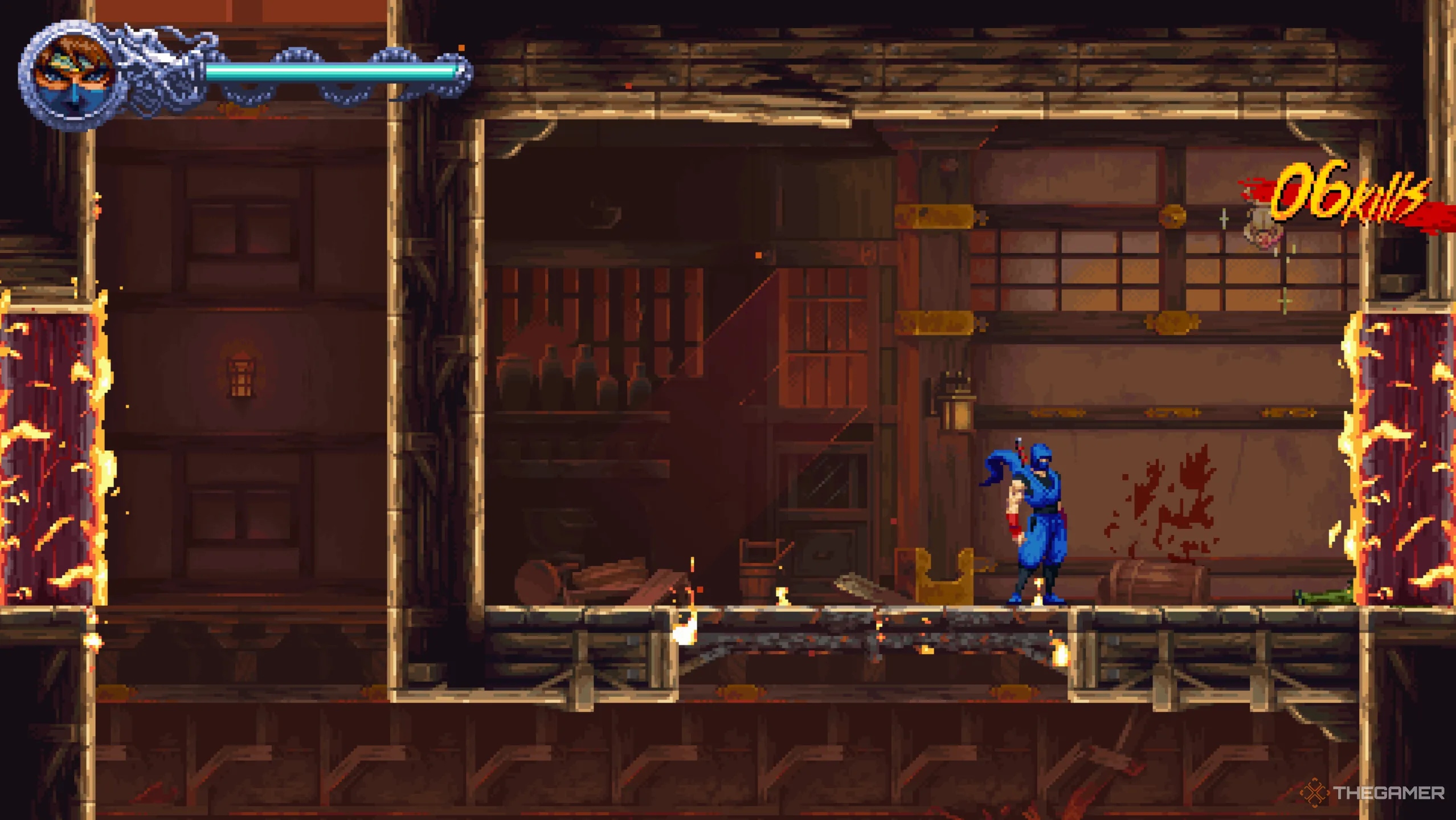 Bọ Hung Vàng thứ ba cạnh quỷ ném dao khi leo nhà cháy, màn 1-2 Ninja Gaiden Ragebound