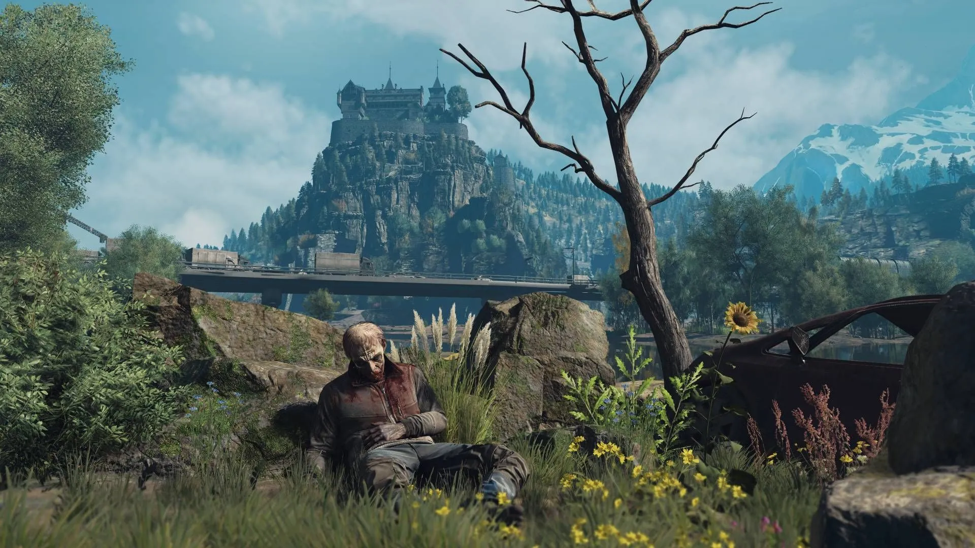 Cảnh một xác chết đáng sợ giữa vùng hoang dã, thể hiện không khí kinh dị sinh tồn của Dying Light The Beast.