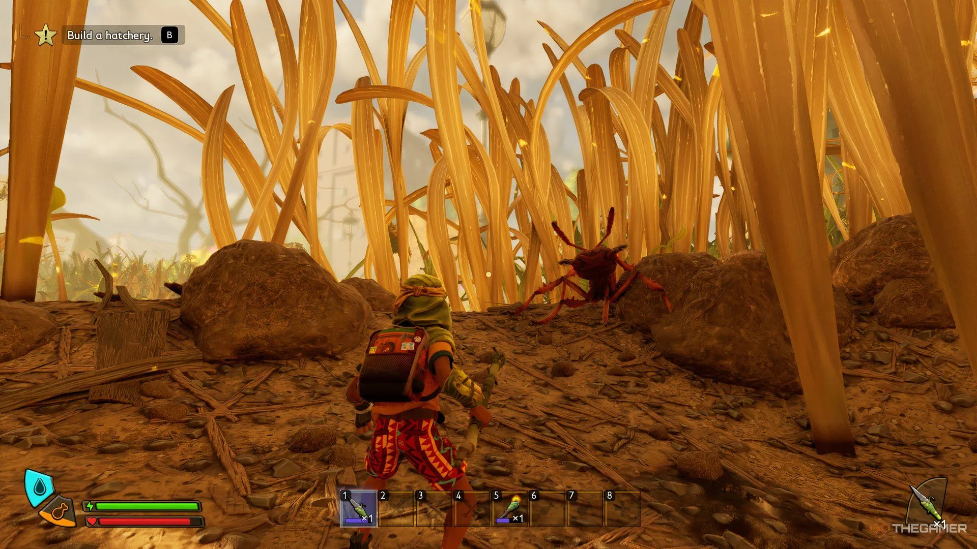 Game thủ đang chiến đấu với Kiến Lính Đỏ trong Grounded 2 để thu thập Acid Glands.