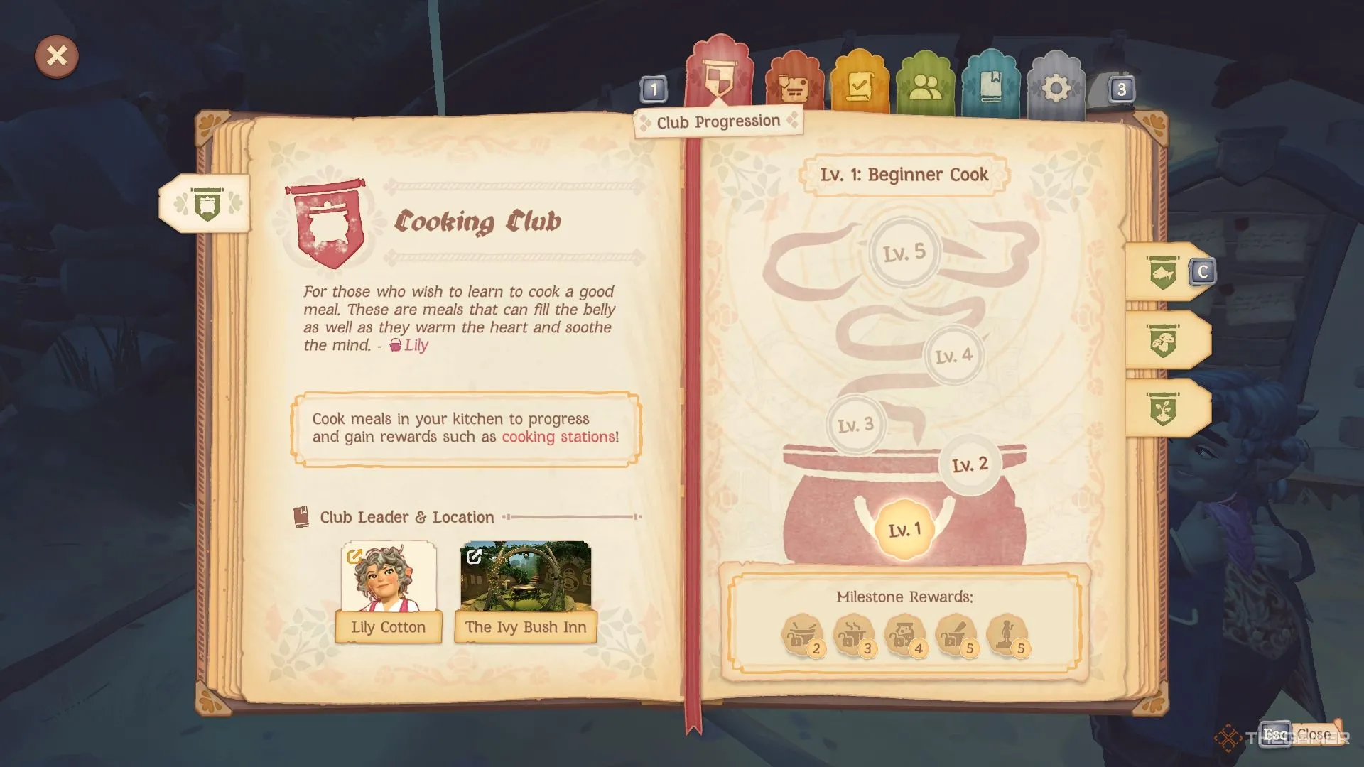 Giao diện nhật ký người chơi Tales of the Shire hiển thị thông tin về các câu lạc bộ, bao gồm phần thưởng và kinh nghiệm nhận được khi tham gia Cooking Club.