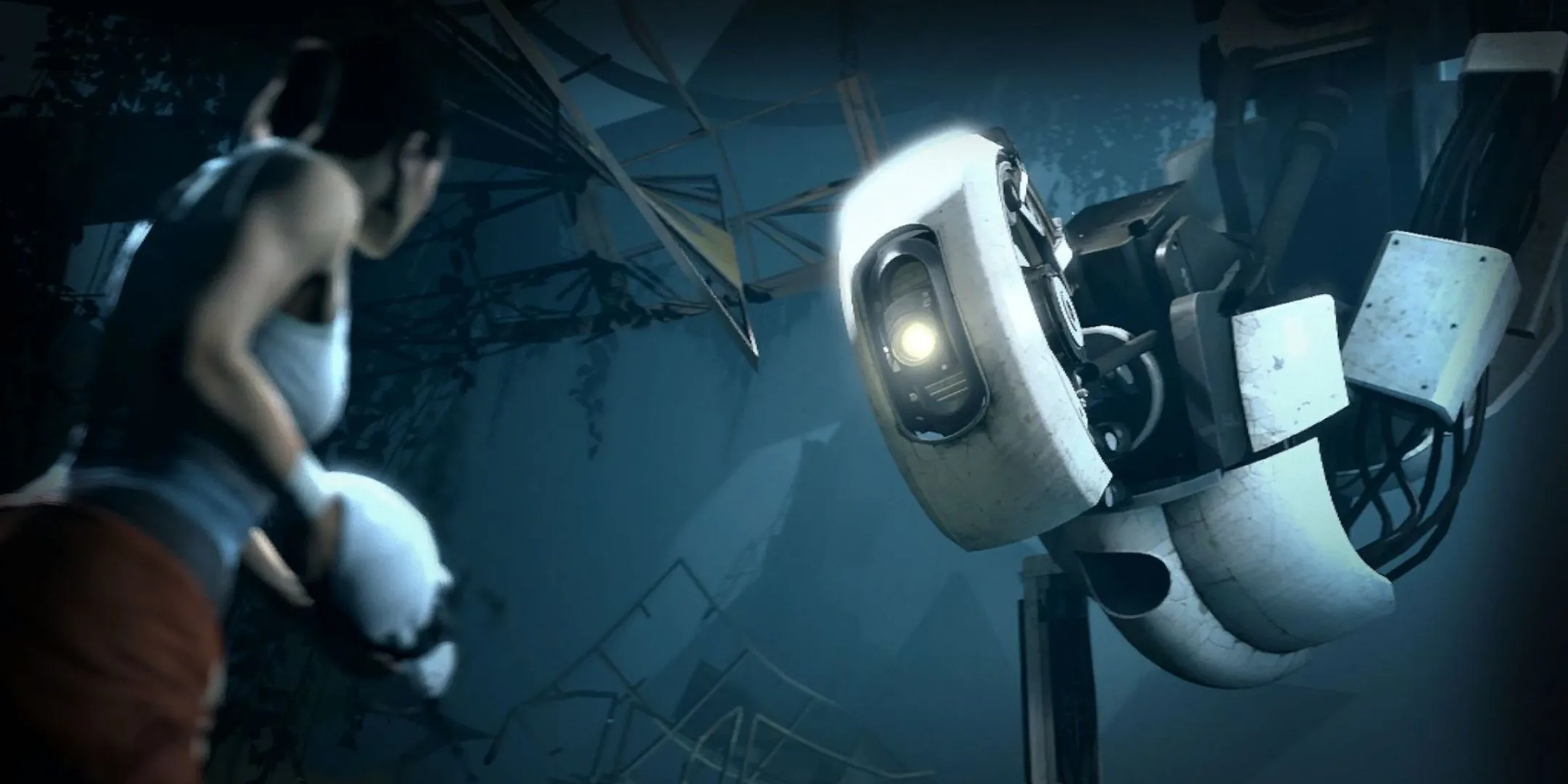 GLaDOS đối mặt với Chell trong Portal 2, khung cảnh bên trong phòng thí nghiệm