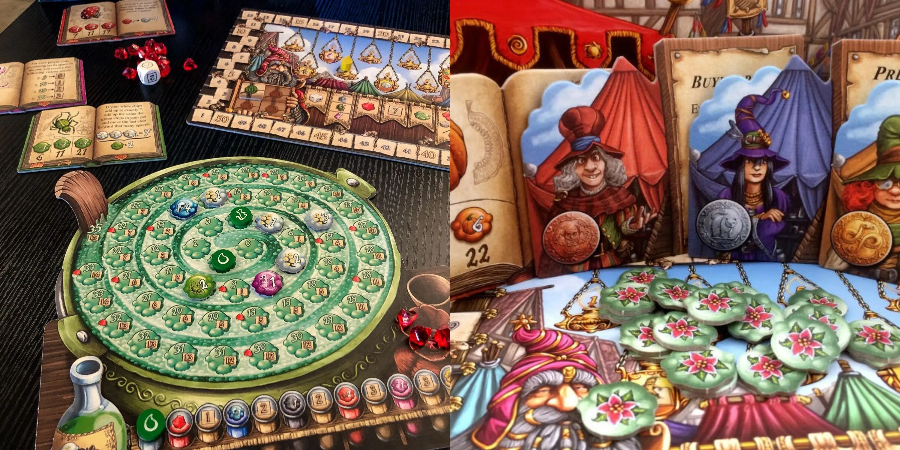 Hai góc nhìn bàn chơi Quacks of Quedlinburg với các túi đựng thành phần và nồi thuốc sôi sục, mô tả quá trình bào chế thuốc.