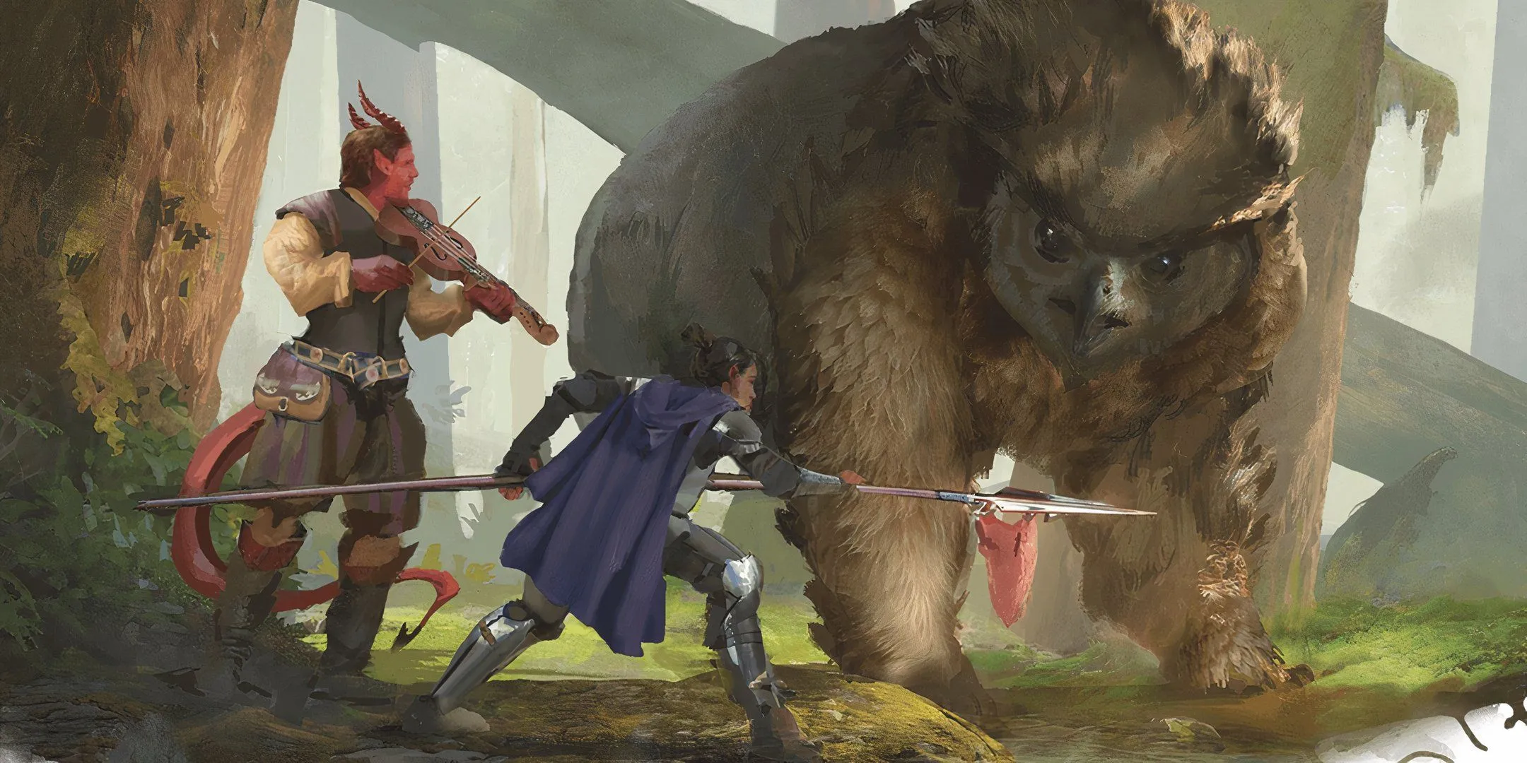Hai nhà thám hiểm D&amp;D đàm phán với một Owlbear, nhấn mạnh sự khan hiếm lương thực trong hành trình.