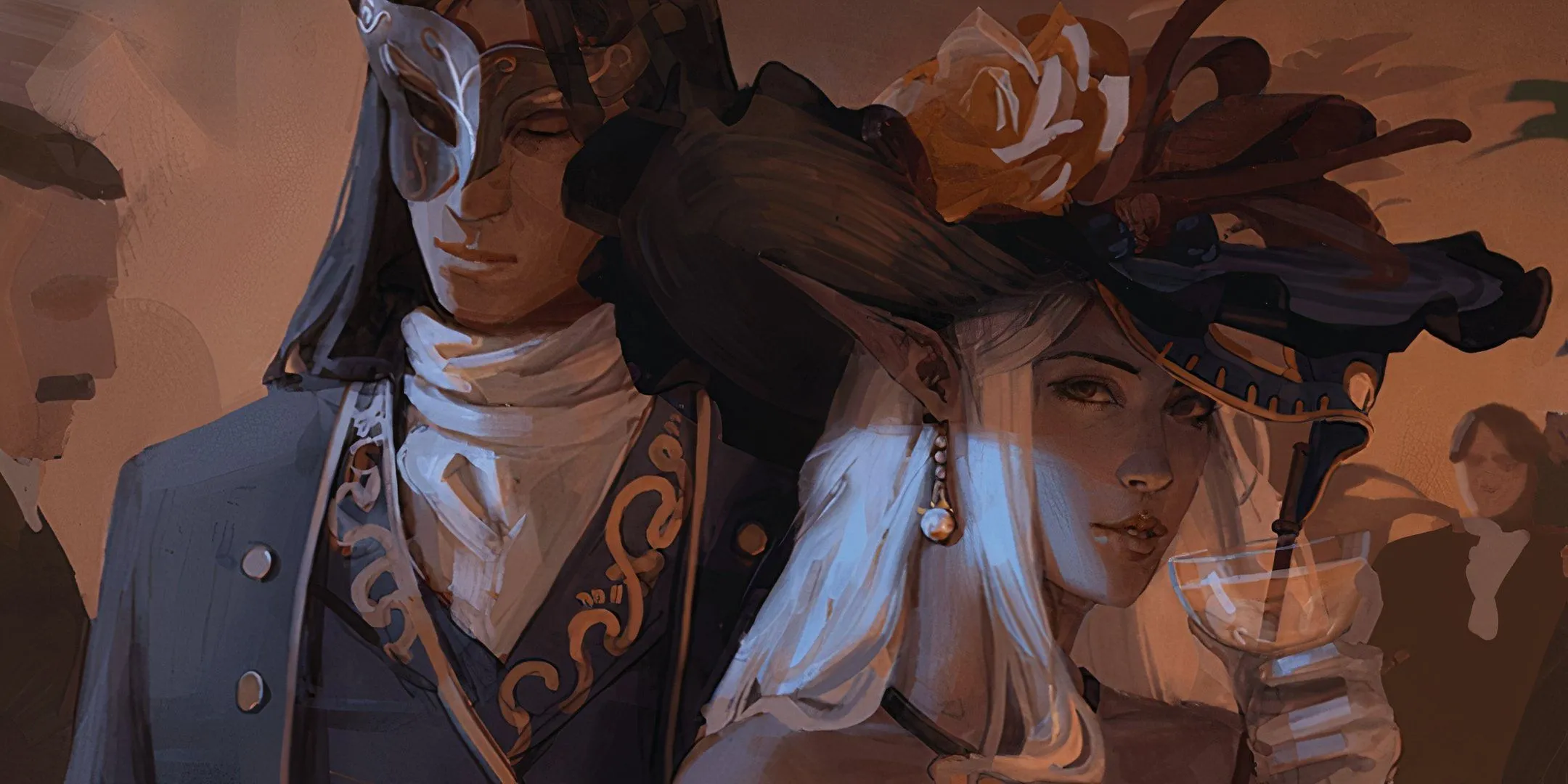 Hai nhân vật NPC gián điệp trong game Dungeons & Dragons đang âm mưu, tượng trưng cho những cốt truyện nhân vật phức tạp.