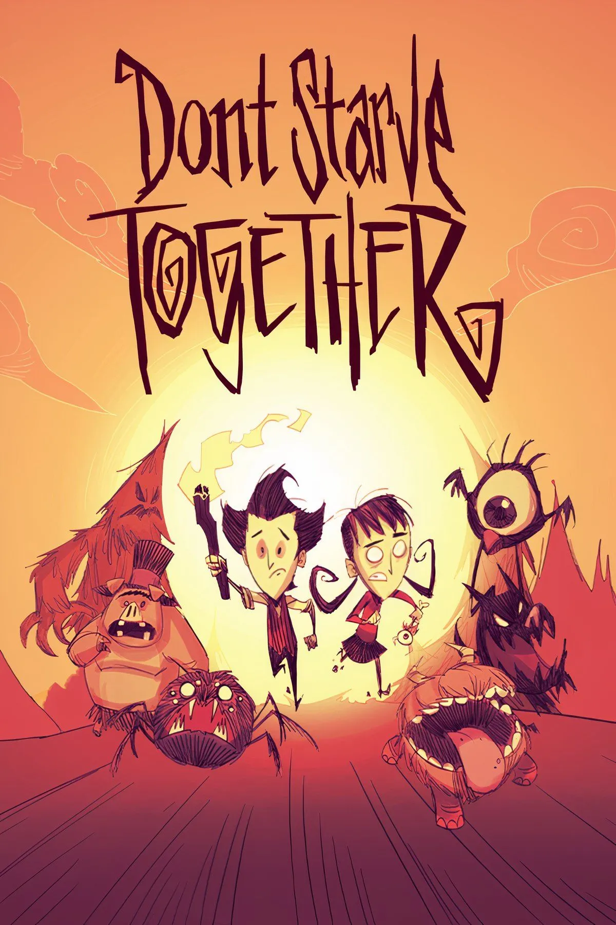 Hai nhân vật trong Don't Starve Together đang ở bên đống lửa vào ban đêm, với giao diện hiển thị các chỉ số sinh tồn
