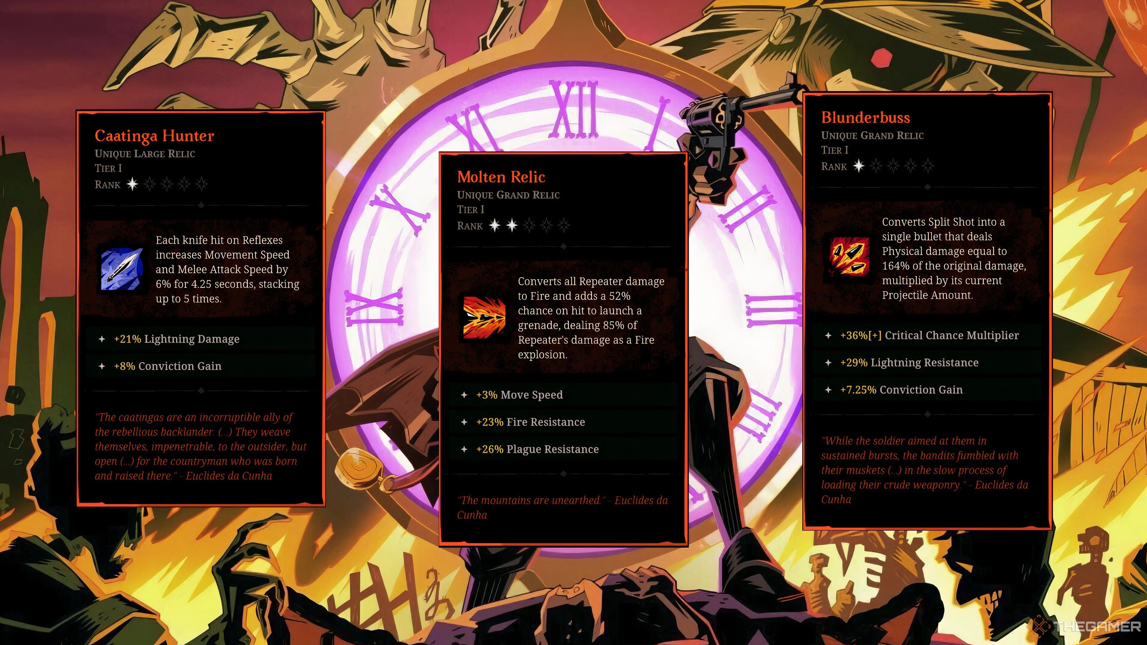 Hình ảnh các Relic hạng A như Caatinga Hunter, Molten Relic và Blunderbuss trong game Hell Clock.
