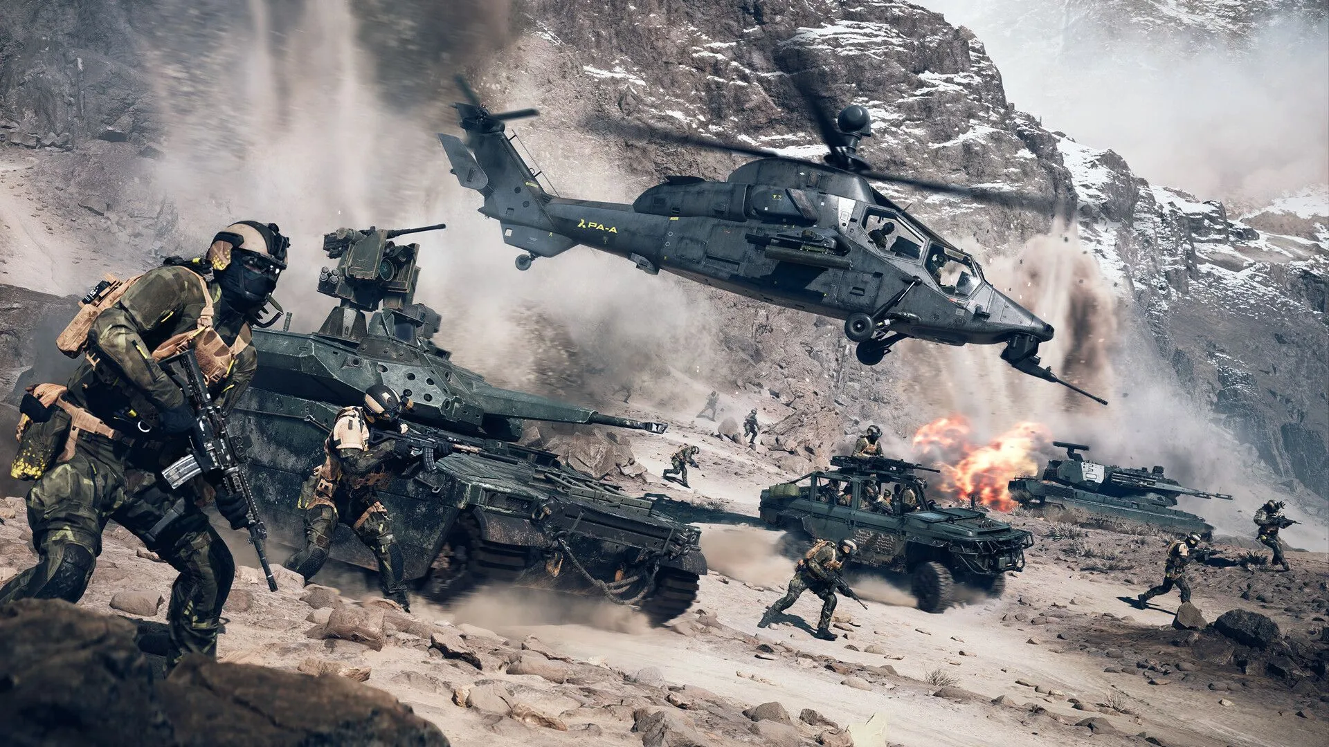 Hình ảnh chiến trường rộng lớn trong Battlefield 6 với lính và phương tiện sẵn sàng giao tranh.