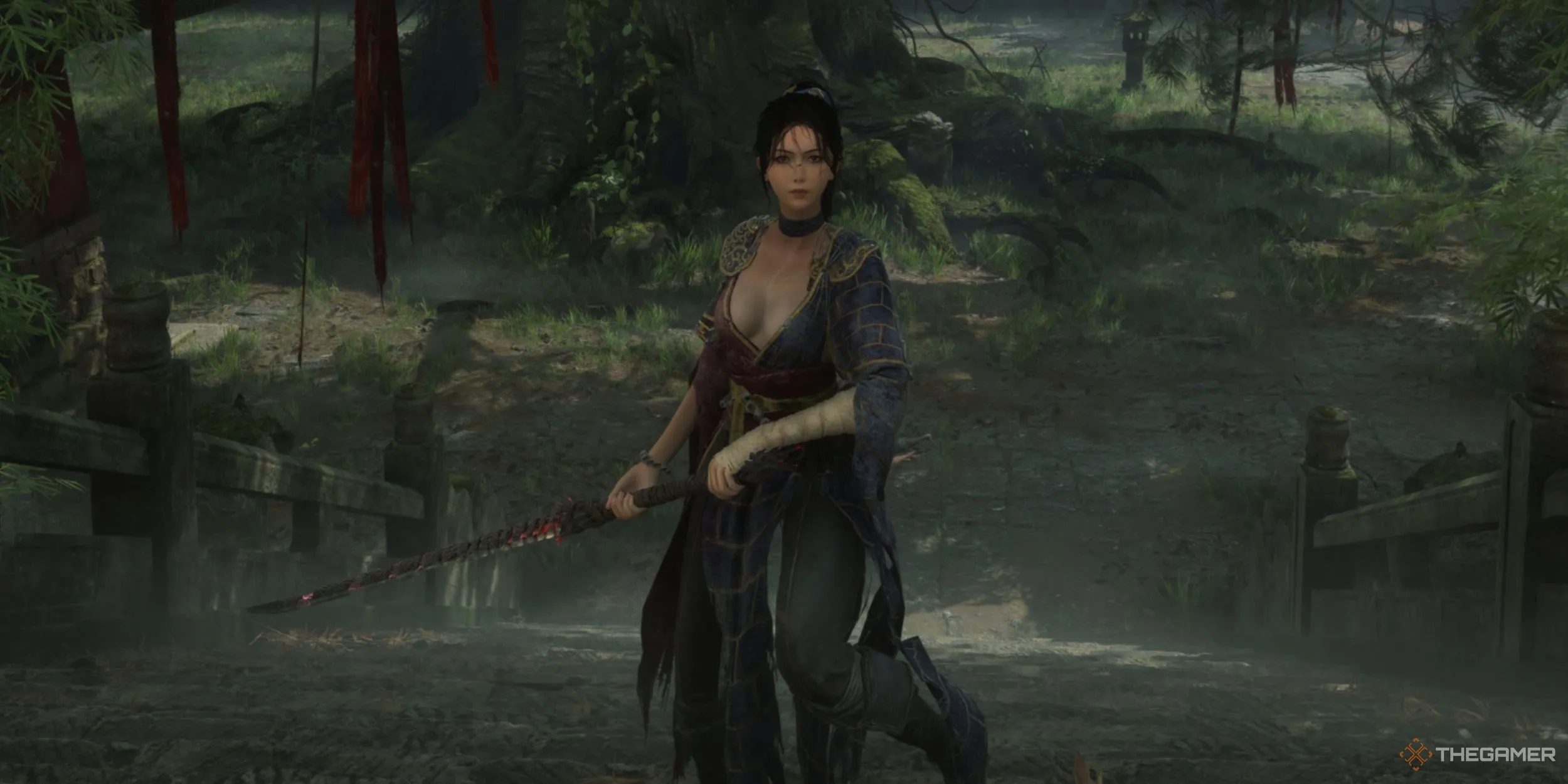 Hình ảnh gameplay Wuchang: Fallen Feathers với nhân vật chính Bạch Vô Thường và vũ khí Trường Kiếm roi