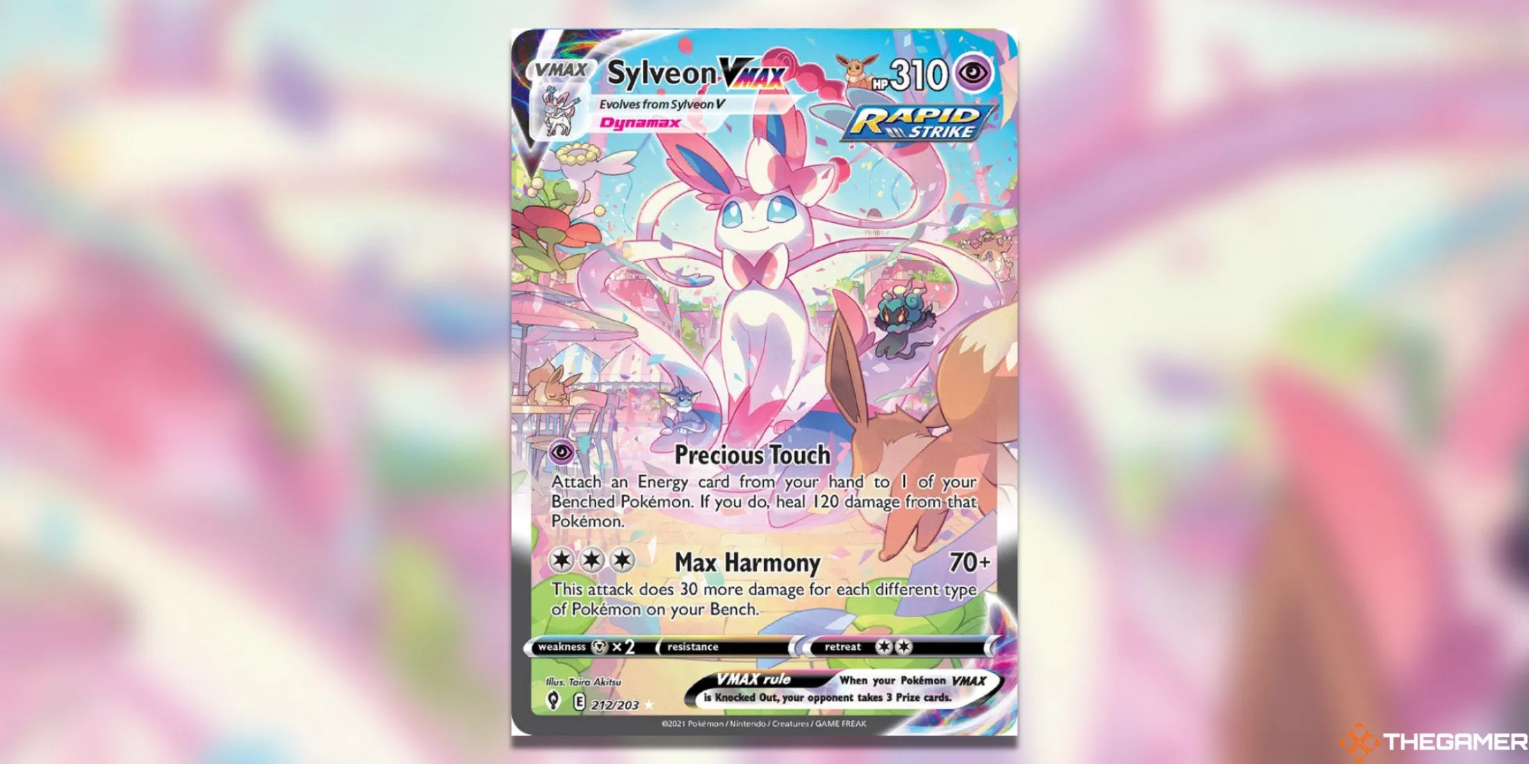 Hình ảnh thẻ Sylveon VMAX Alternate Art Secret từ bộ Evolving Skies Pokemon TCG, miêu tả Sylveon bay lượn giữa các Pokemon nhỏ khác.