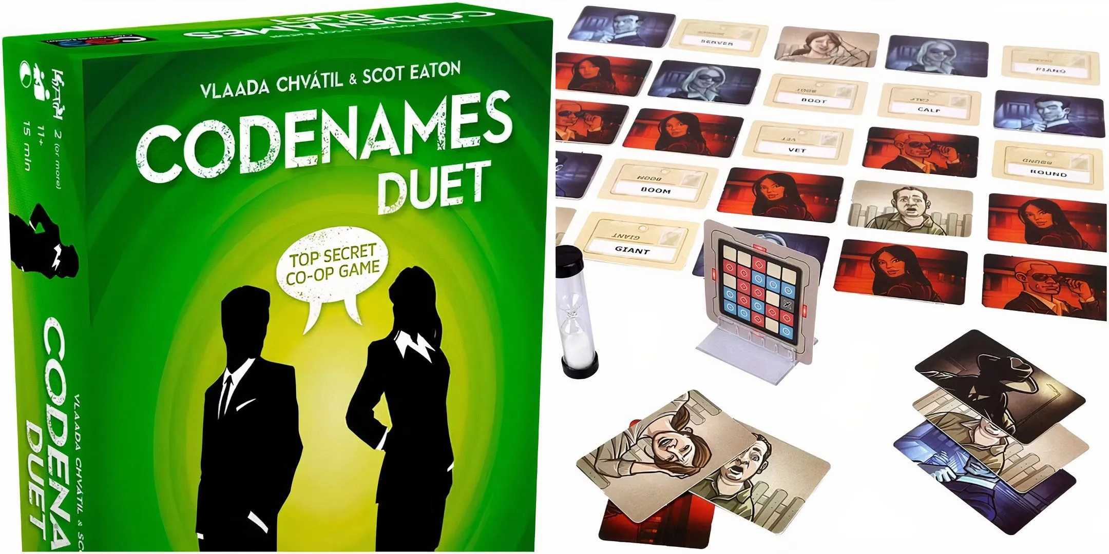 Hộp board game Codenames Duet và bảng chơi với các ô chữ, gợi ý về một trò chơi giải mã từ ngữ