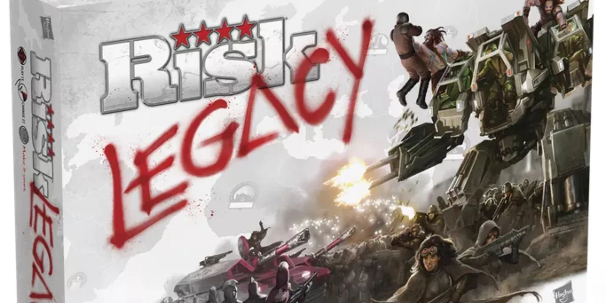 Hộp board game Risk Legacy với hình ảnh robot chiến đấu xé toạc binh lính, thể hiện sự hủy diệt và tham vọng bá chủ.