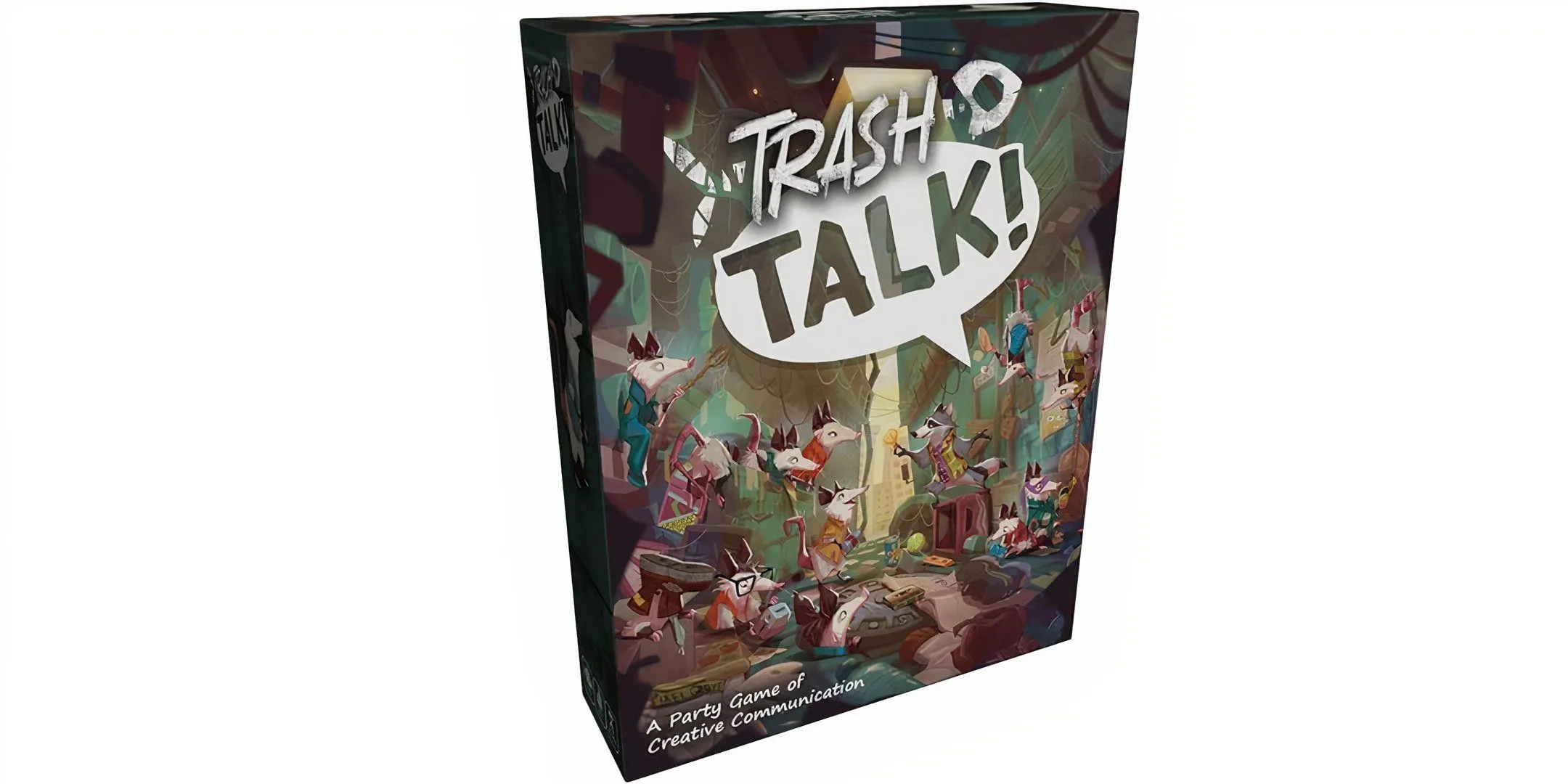 Hộp board game Trash Talk với minh họa gấu mèo và chồn opossum trong bãi rác, gợi không khí hài hước