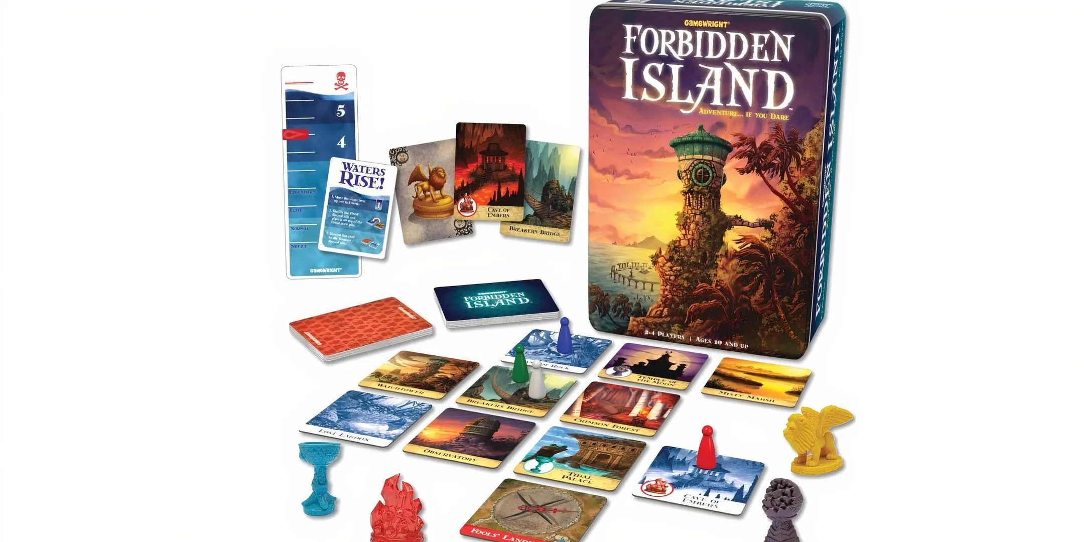 Hộp và các chi tiết của board game Forbidden Island, mô tả đảo đang chìm và kho báu.