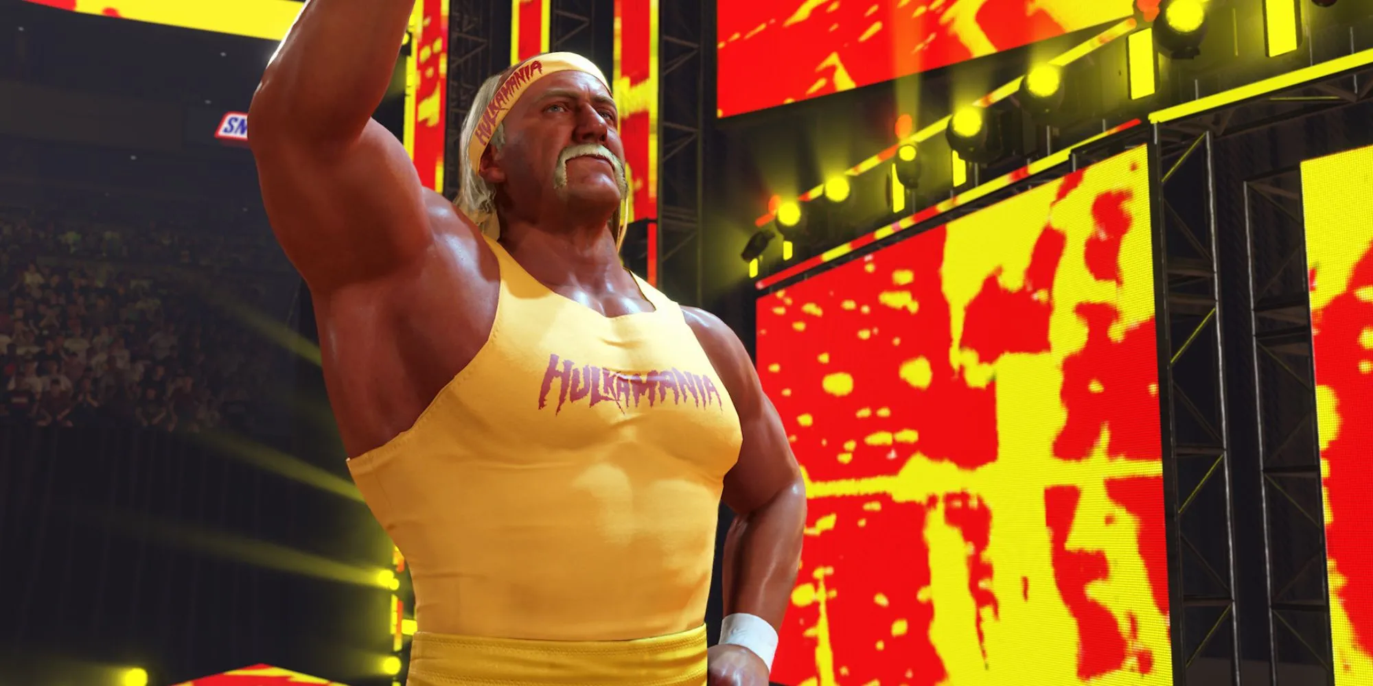 Hulk Hogan trong game WWE 2K24 thực hiện màn chào sân đặc trưng với chiếc áo choàng vàng