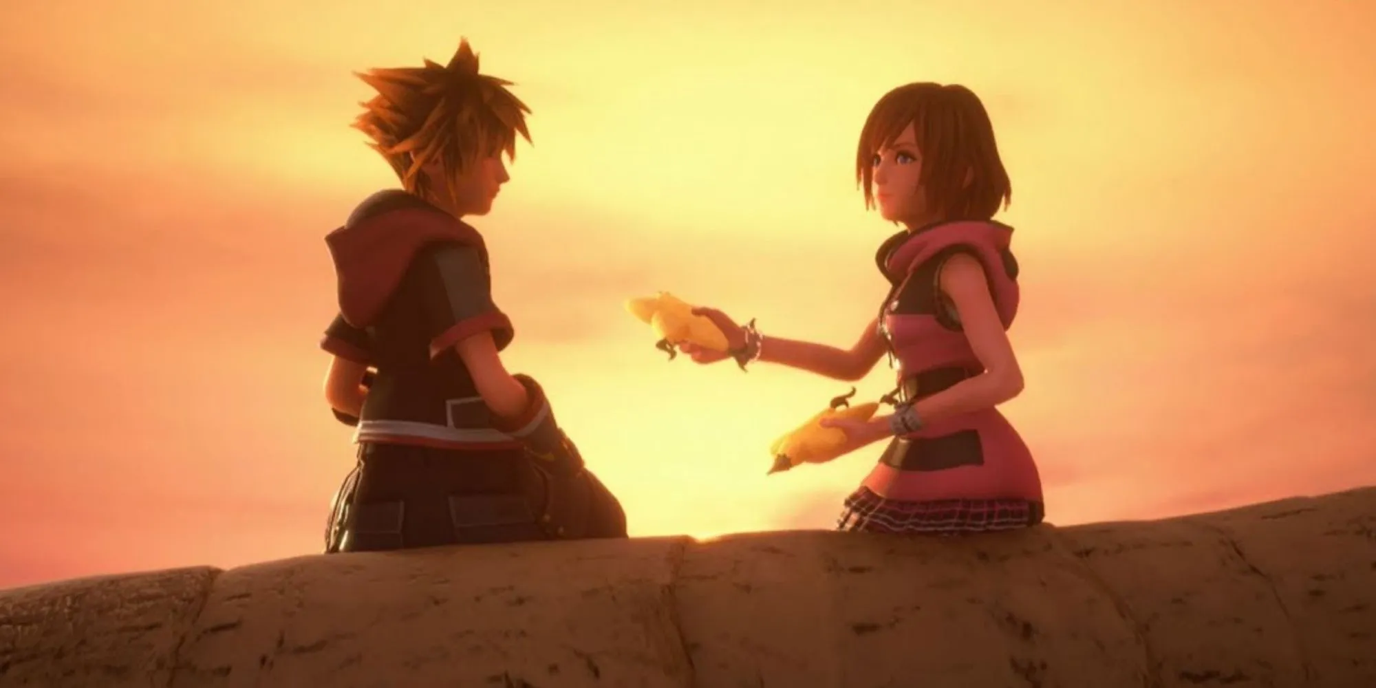 Kairi trao quả paopu cho Sora trong Kingdom Hearts 3, trên bãi biển bình yên