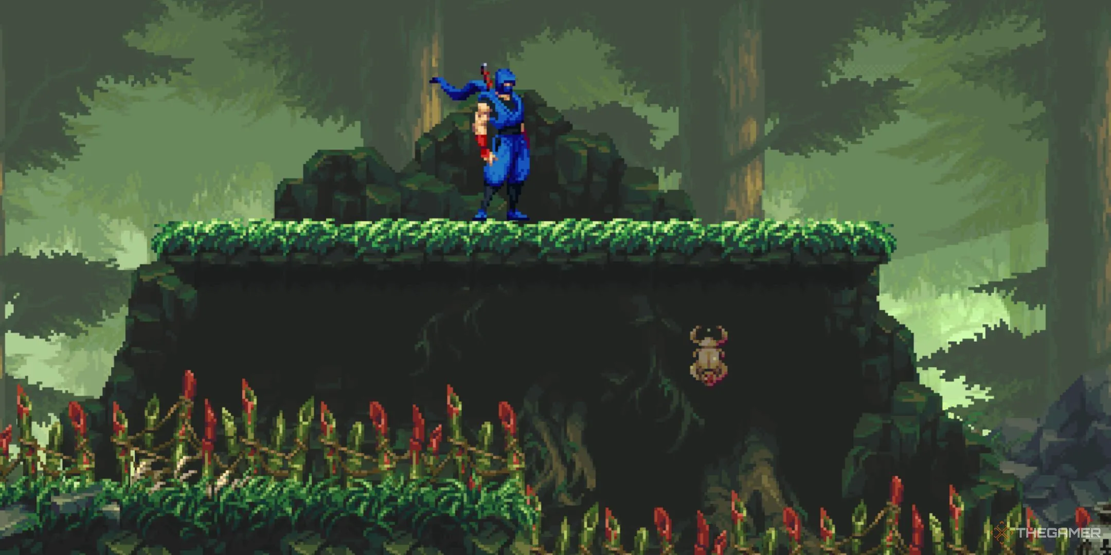 Kenji đứng cạnh Bọ Hung Vàng trong Ninja Gaiden Ragebound, biểu tượng vật phẩm quý hiếm