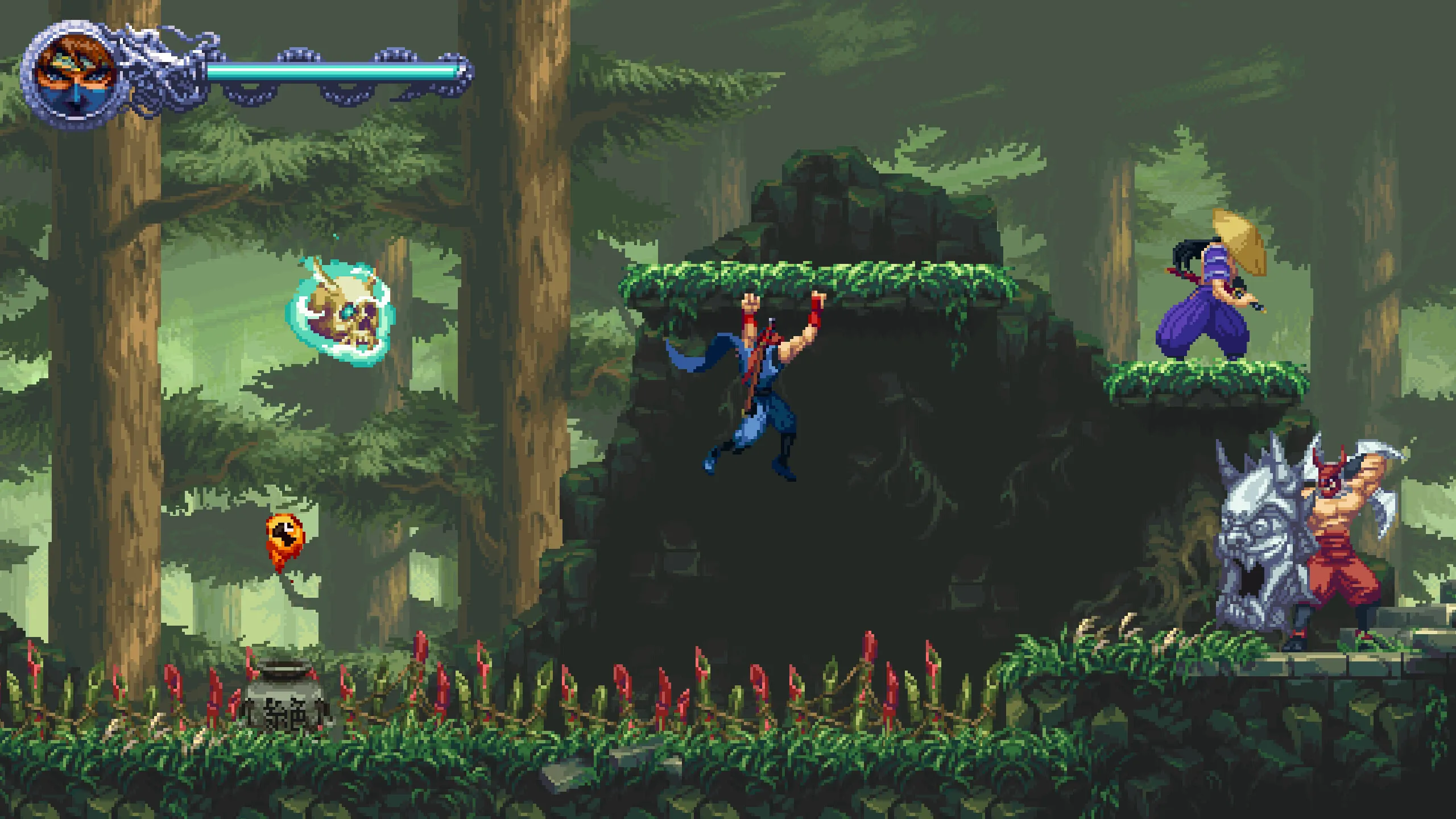 Kenji thực hiện động tác leo tường trong một khu rừng xanh tươi trong Ninja Gaiden: Ragebound