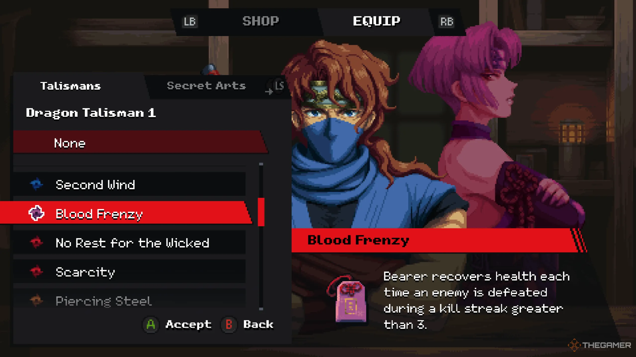 Kenji trang bị bùa chú Blood Frenzy Talisman trong giao diện Ninja Gaiden Ragebound
