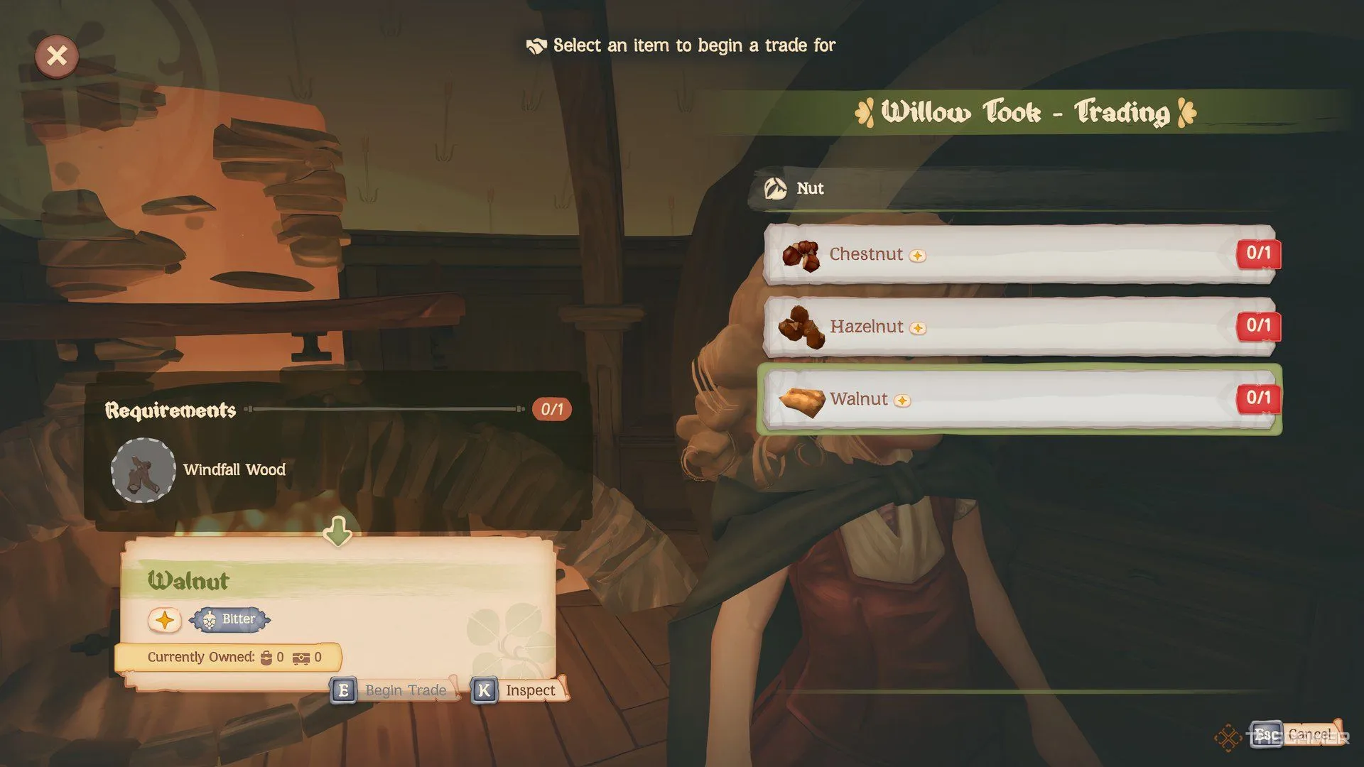 Menu trao đổi hàng hóa hiển thị trong Tales of the Shire, cho phép người chơi giao dịch nguyên liệu kiếm được để nhận về vật phẩm hiếm.