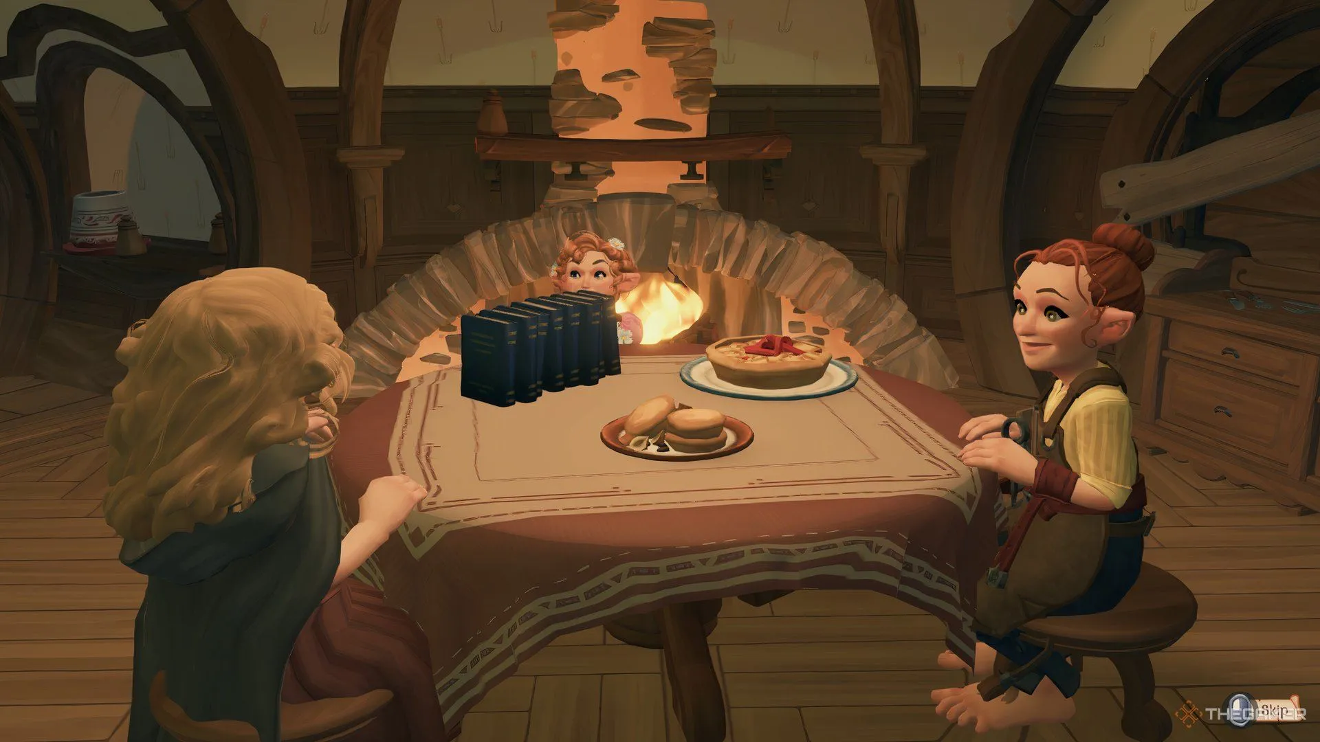 Một bữa ăn cộng đồng ấm cúng đang diễn ra, nơi các Hobbit chia sẻ niềm vui ẩm thực và tăng cường tình bạn trong Tales of the Shire.