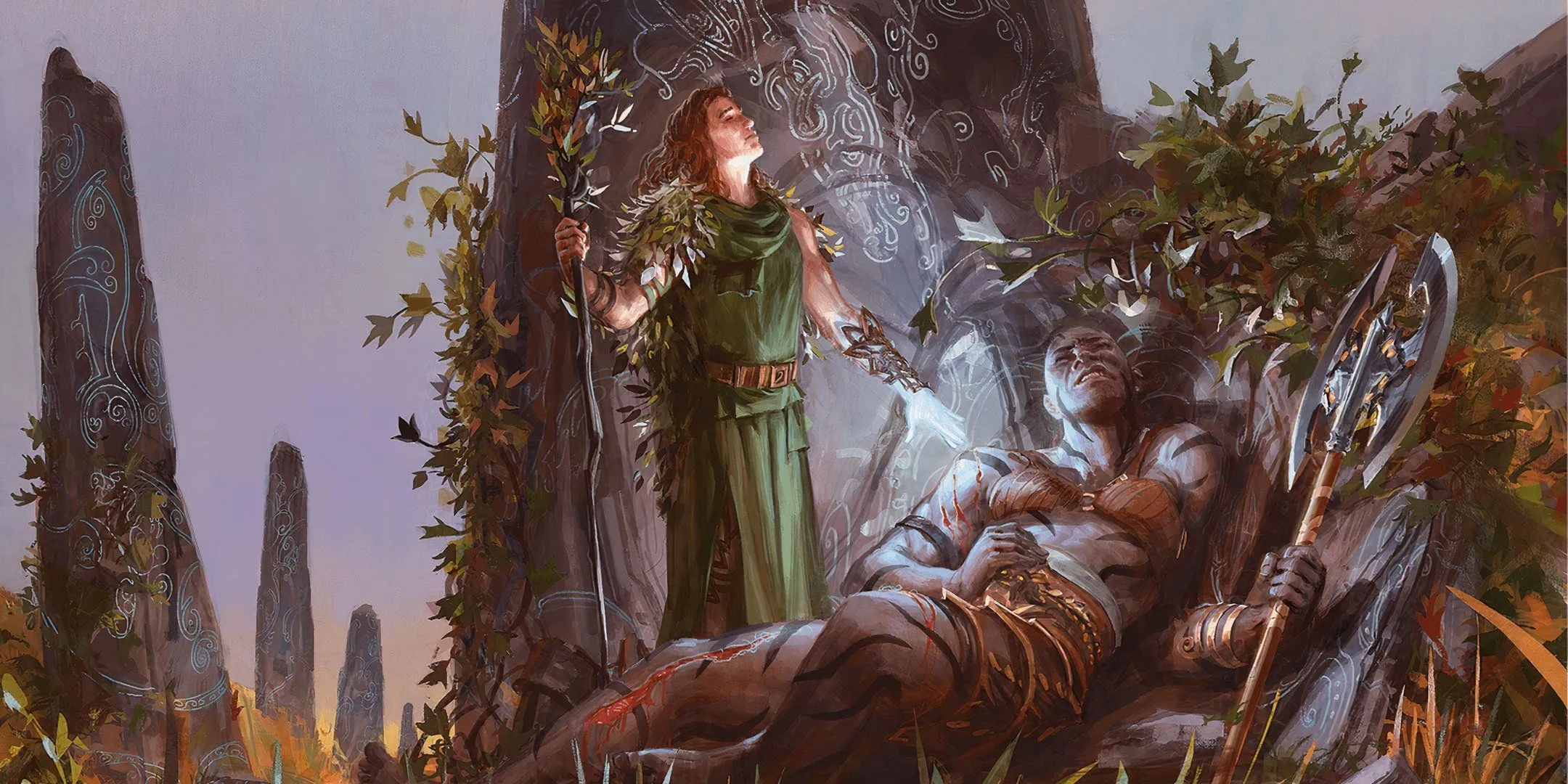 Một Druid trong trang phục màu xanh lá cây thi triển Lesser Restoration lên chiến binh bị thương, minh họa khả năng hồi sinh trong D&amp;D.