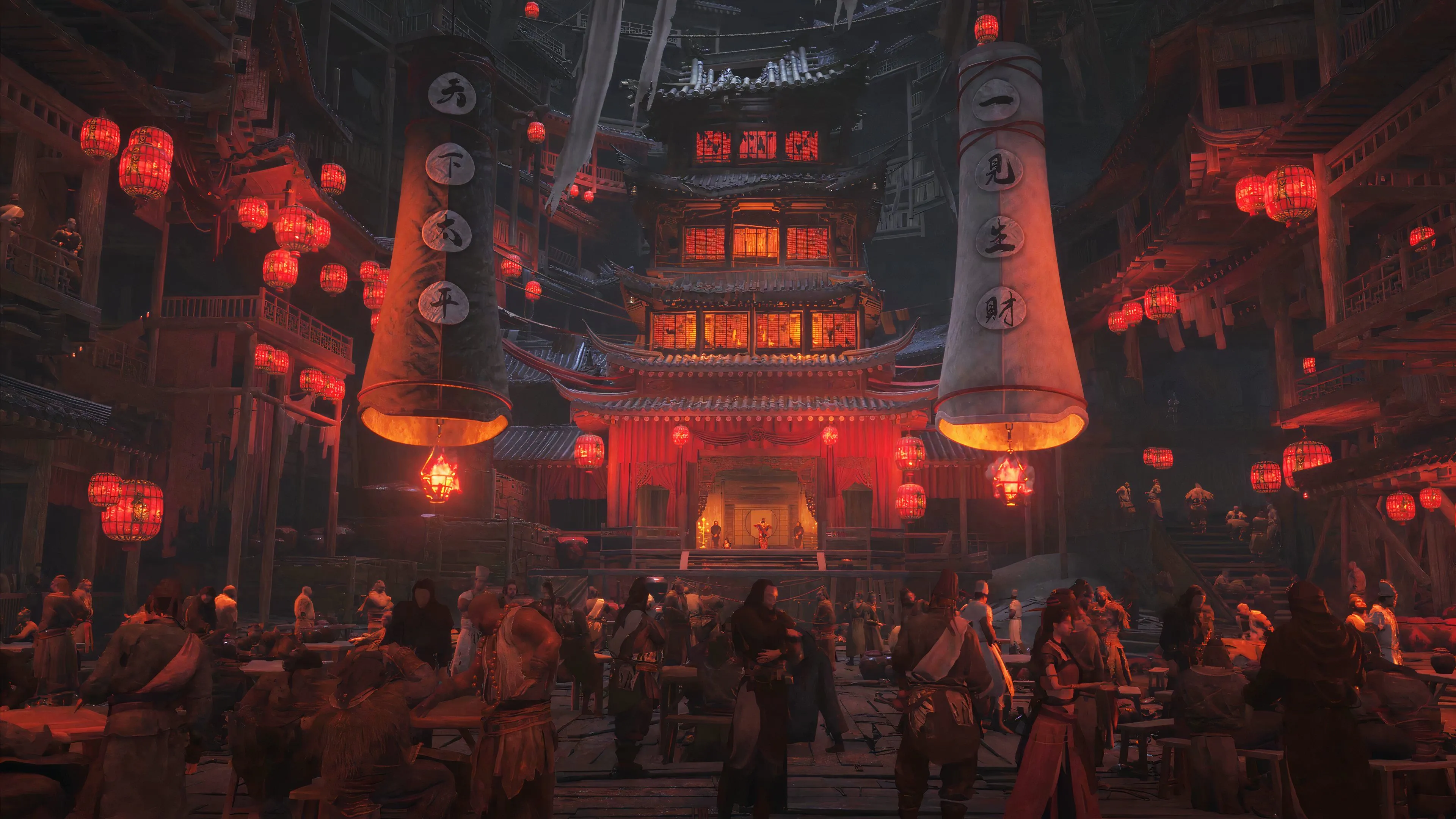 Một khu chợ cổ sầm uất với kiến trúc Wuxia đặc trưng trong game Where Winds Meet