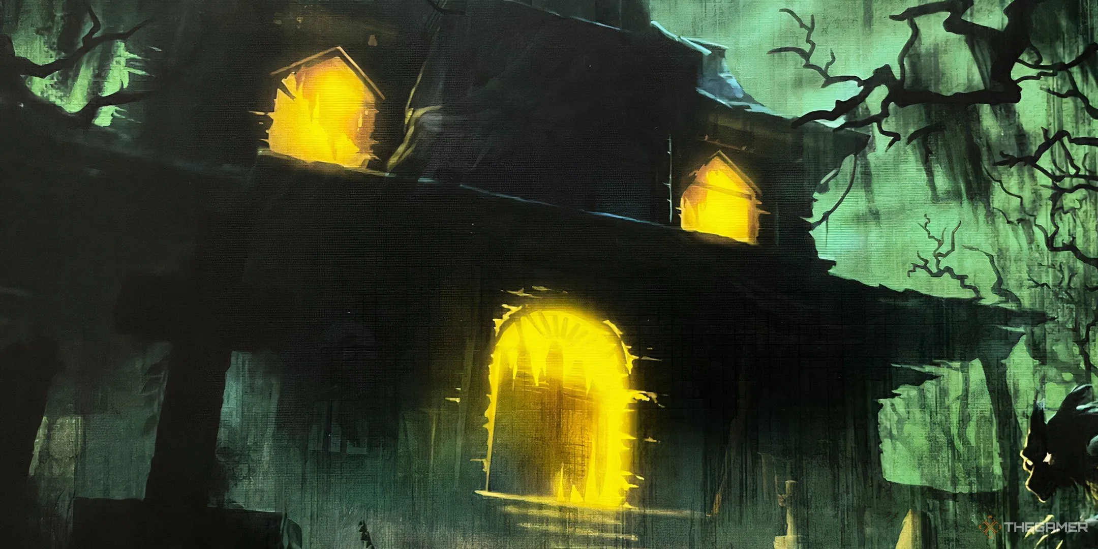 Ngôi nhà ma ám trong Betrayal at House on the Hill với kiến trúc cổ kính, u ám, báo hiệu những bí ẩn kinh hoàng.