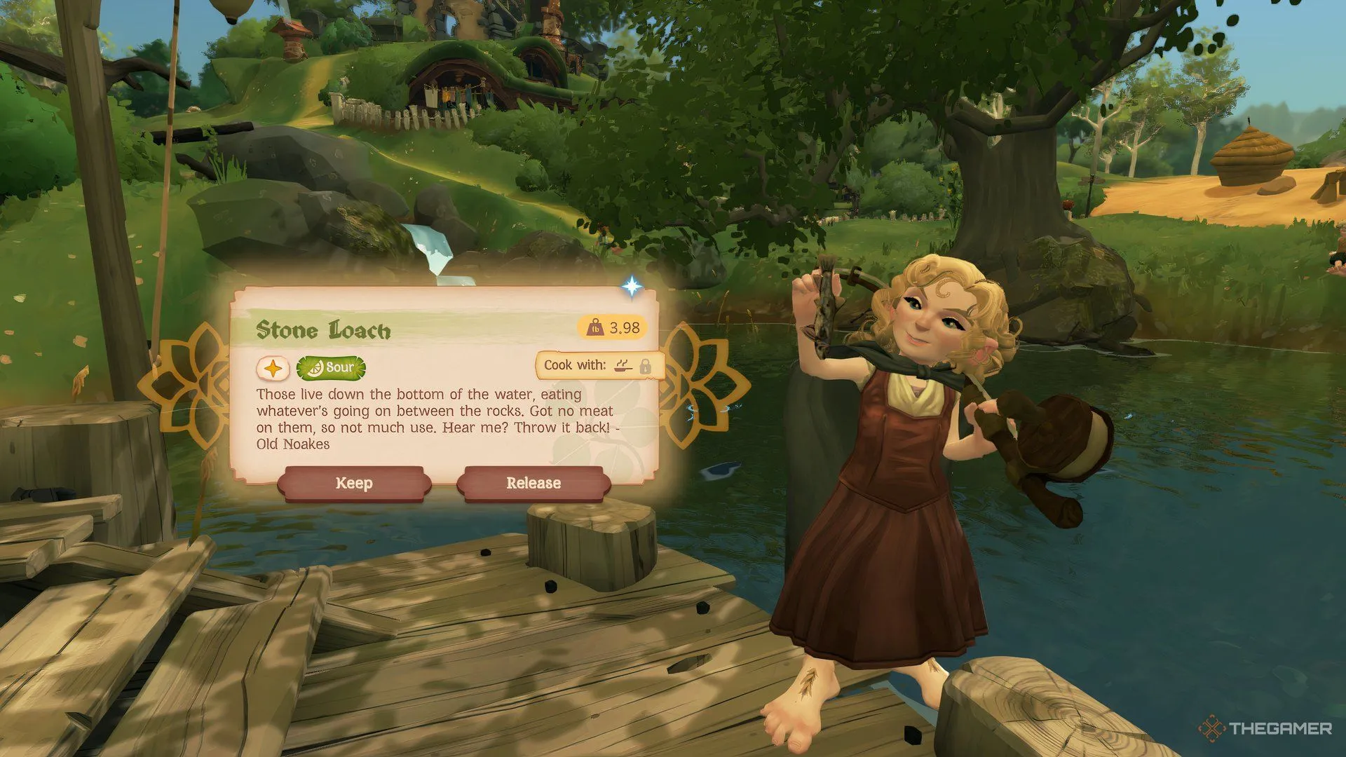 Người chơi Tales of the Shire vừa câu được một con cá Loach Đá, minh họa cho nguồn thu nhập ổn định thay vì bán rau củ quý giá.