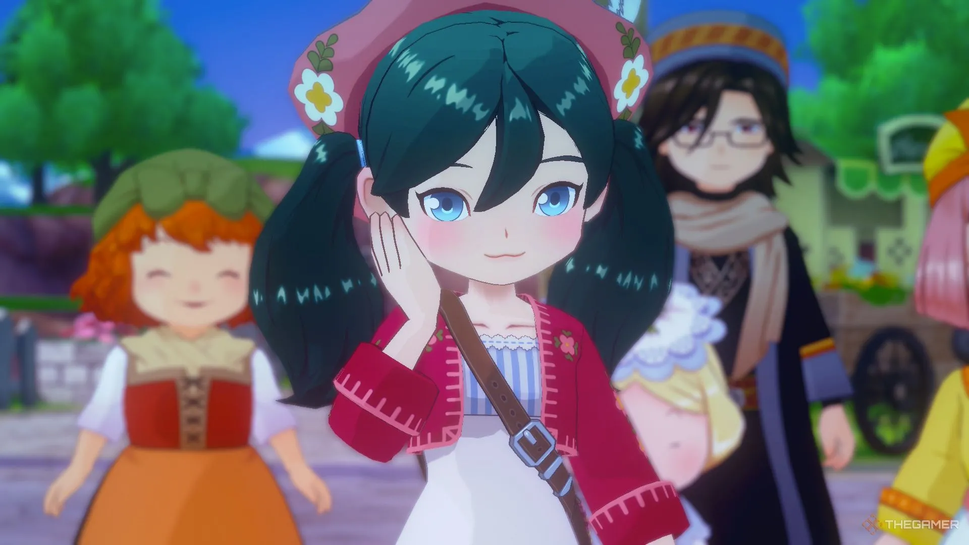 Nhân vật chính đang đỏ mặt trong cảnh game Story of Seasons Grand Bazaar, thể hiện yếu tố mô phỏng cuộc sống.