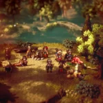 Nhóm nhân vật chính trong game Octopath Traveler 2 với đồ họa HD-2D đặc trưng và chi tiết