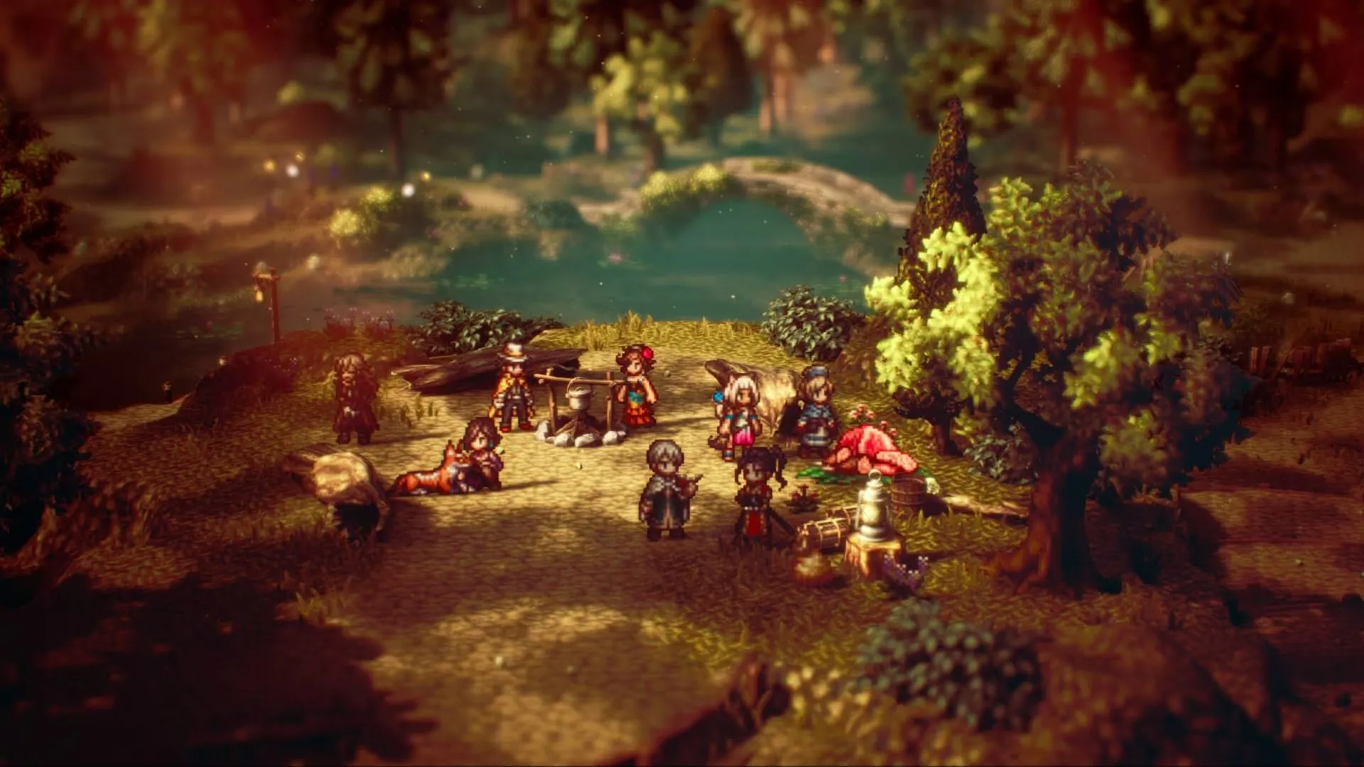 Nhóm nhân vật chính trong game Octopath Traveler 2 với đồ họa HD-2D đặc trưng và chi tiết