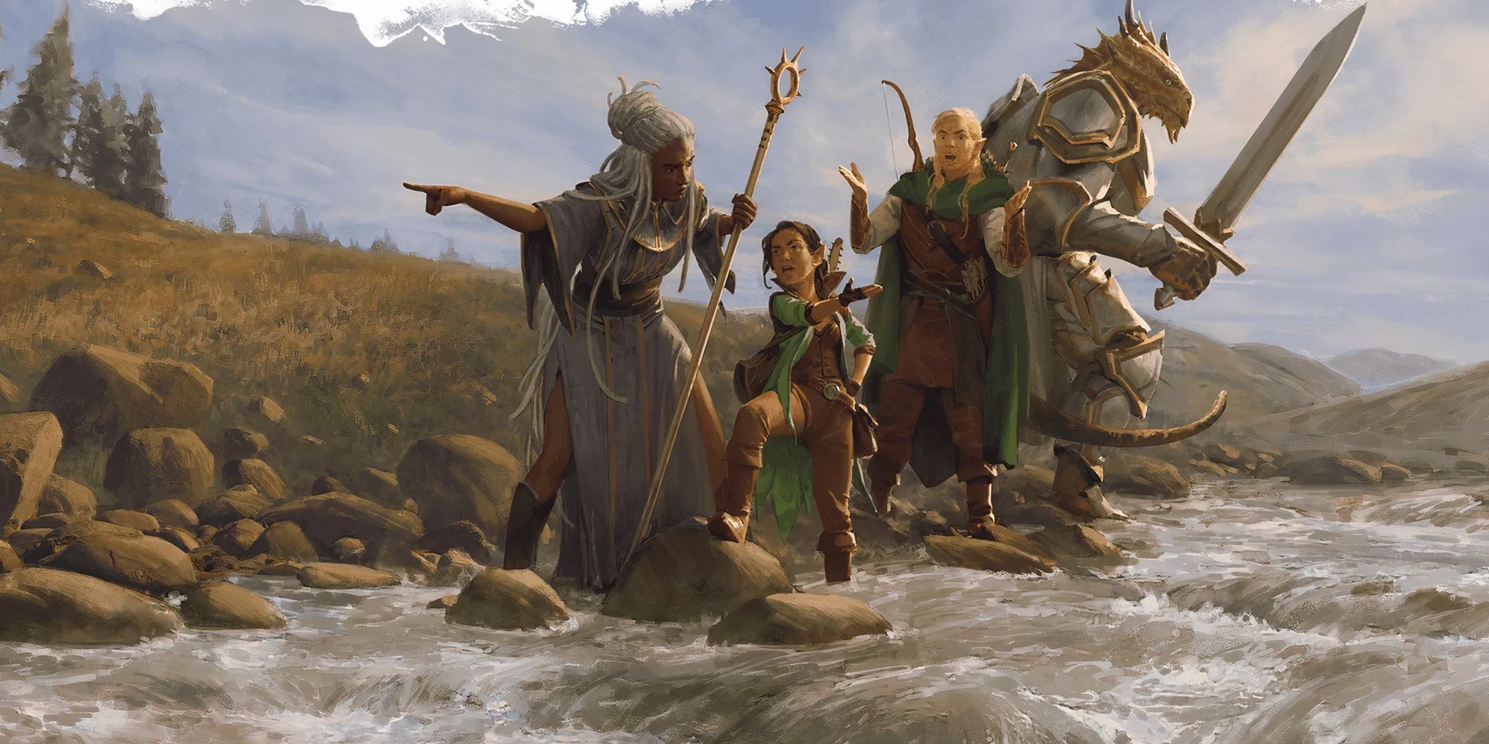 Nhóm phiêu lưu băng qua sông trong D&amp;D: Dragonborn, Elf, Gnome, Human