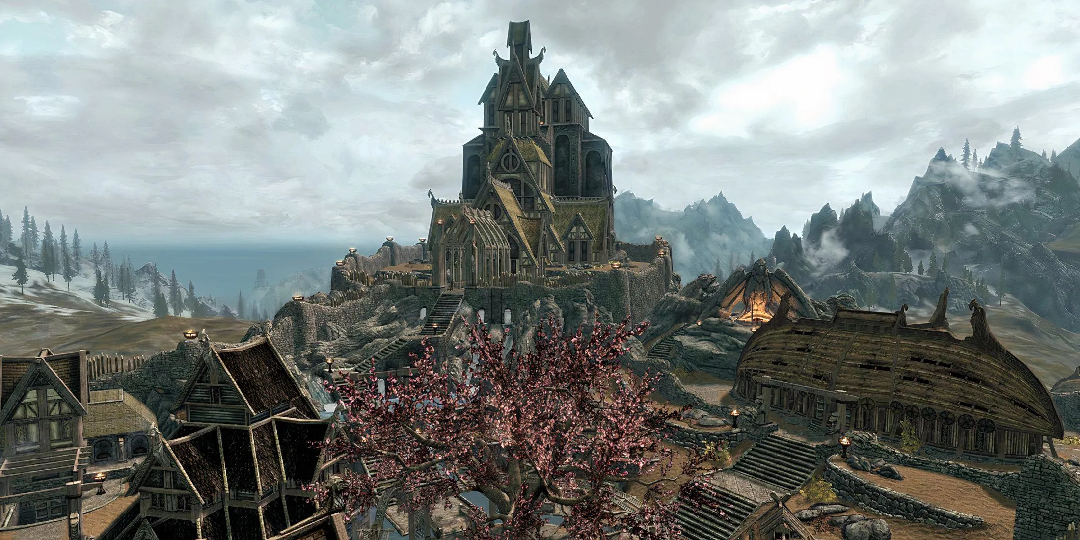 Quang cảnh khu phố trên cao của Whiterun, biểu tượng của Skyrim